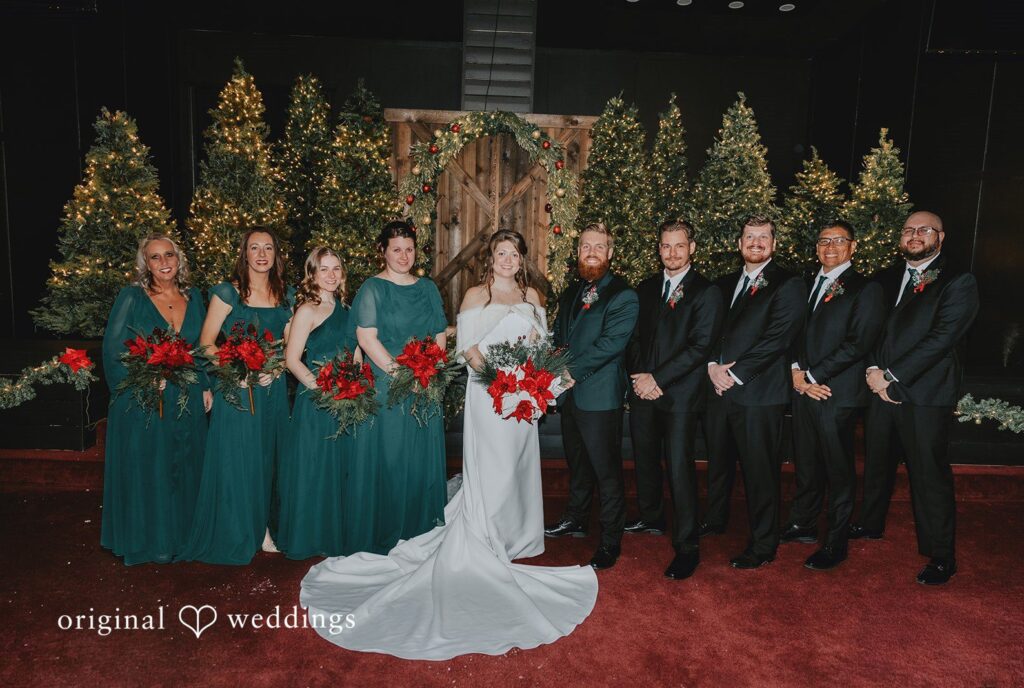 LaShay + Daniel Bride and groom posing with bridesmaids and groomsmen at Bethel Baptist Church captured by Oklahoma City wedding photographers from Original Weddings