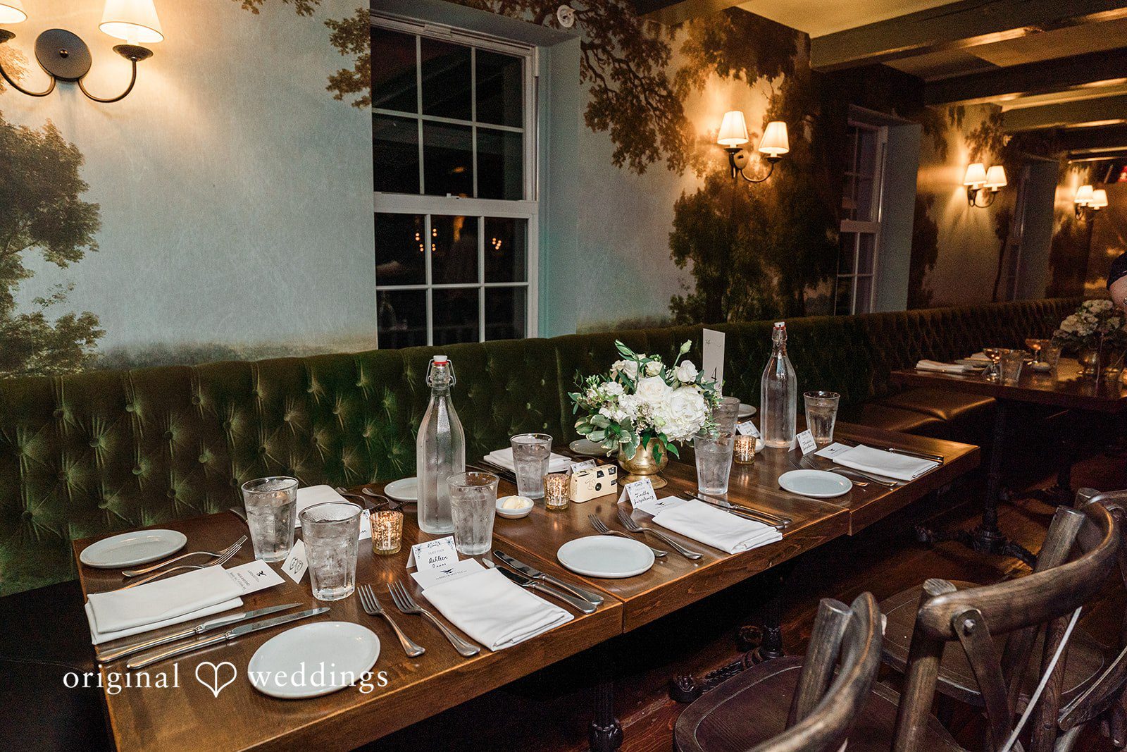 Stylish table arrangement for wedding reception at Bird and Bottle Inn