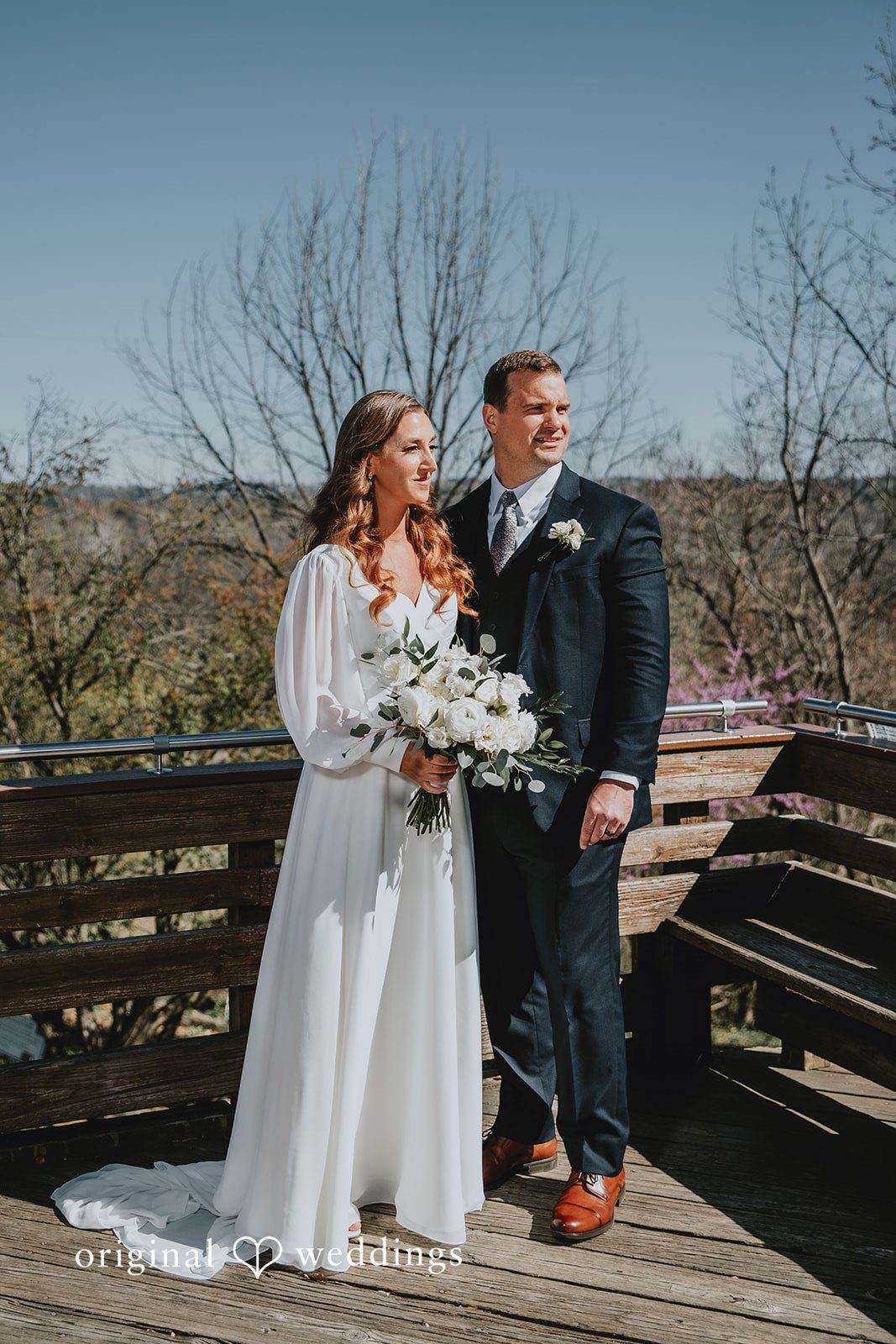 Outdoor couple portrait on the wooden deck