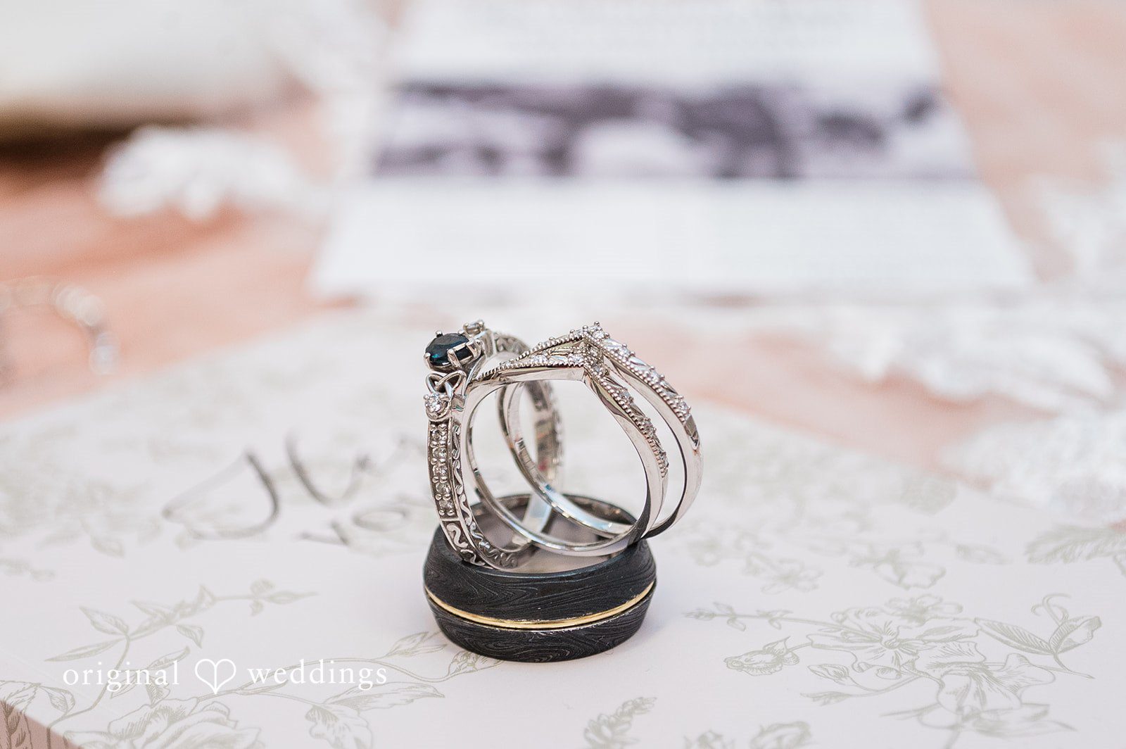 Close-up of wedding rings at Blumen Gardens