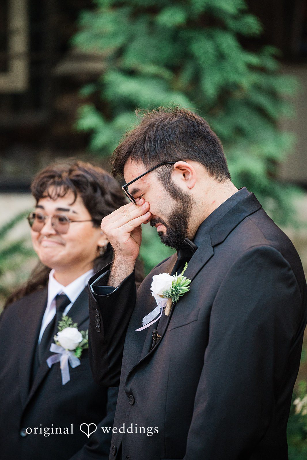 Emotional groom portrait during bride’s walk-in at Blumen Gardens