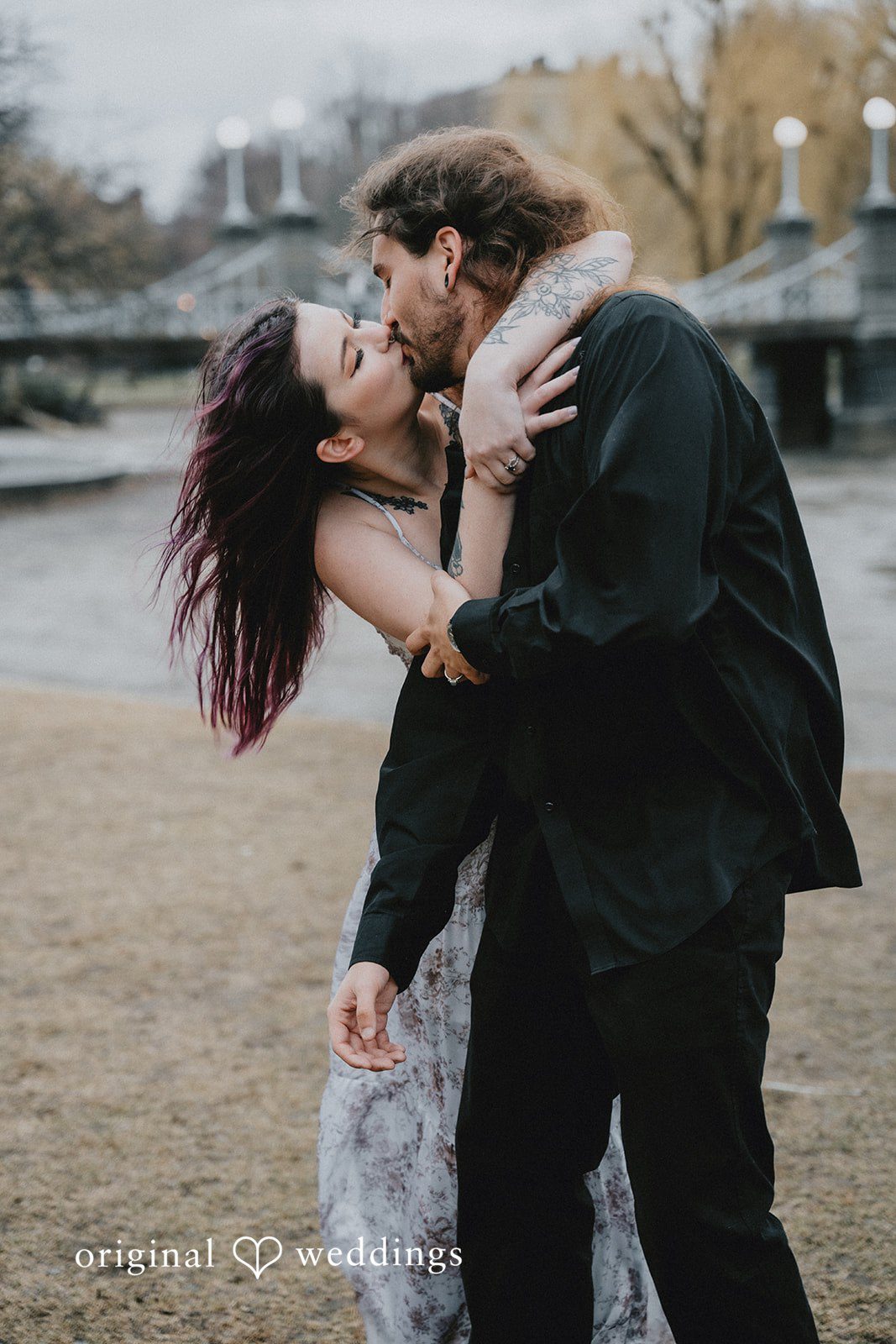 Romantic kiss moment of couple at Boston Public Garden