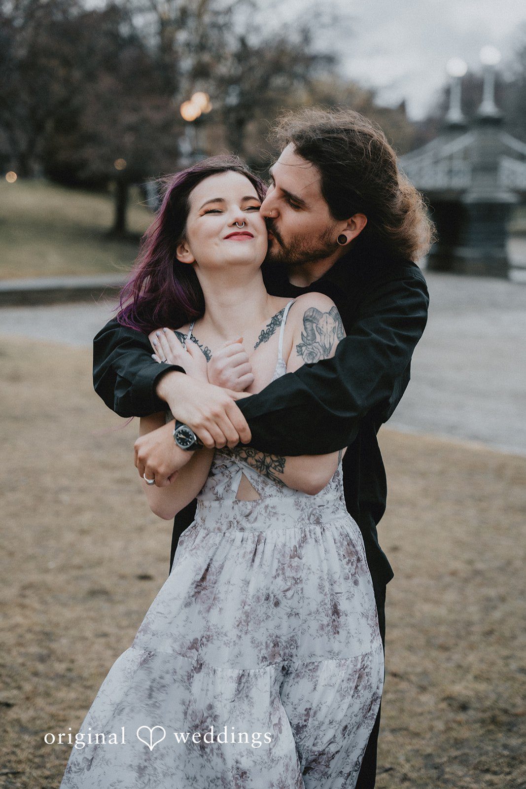 Lovely pose of couple at Boston Public Garden