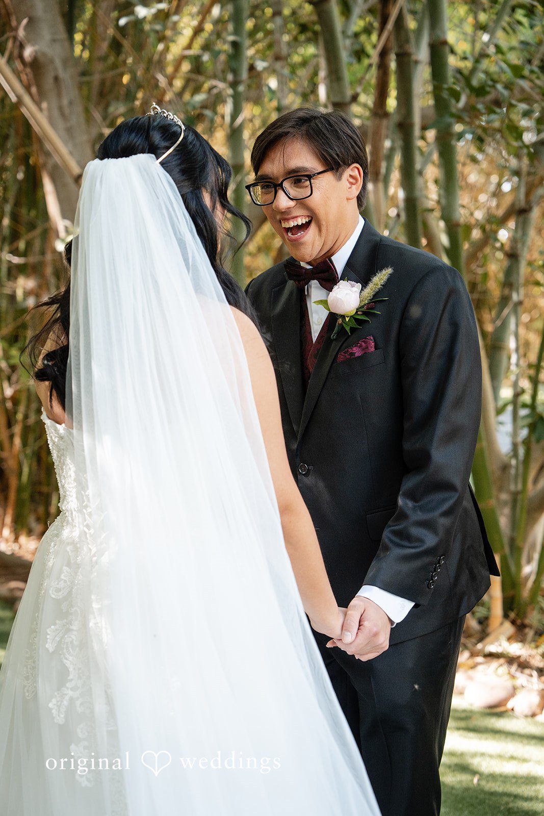 The groom is very excited to see his bride