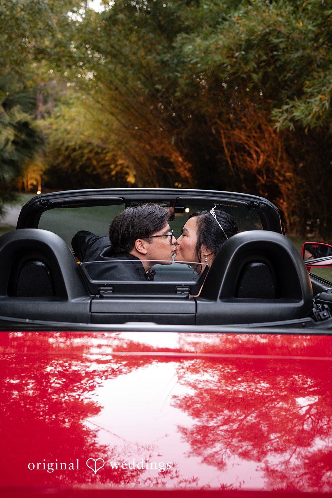 The couple shares a romantic kiss in their car