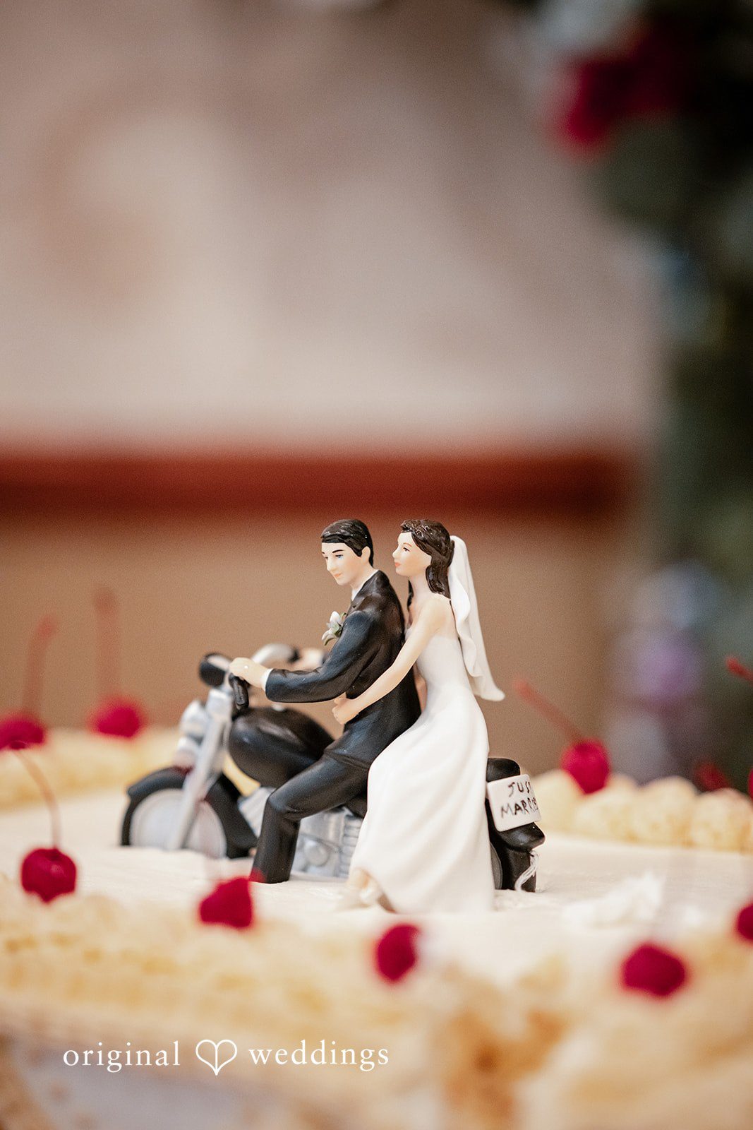 Elizabeth + Aldo Close-up of wedding cake topper detail at the reception