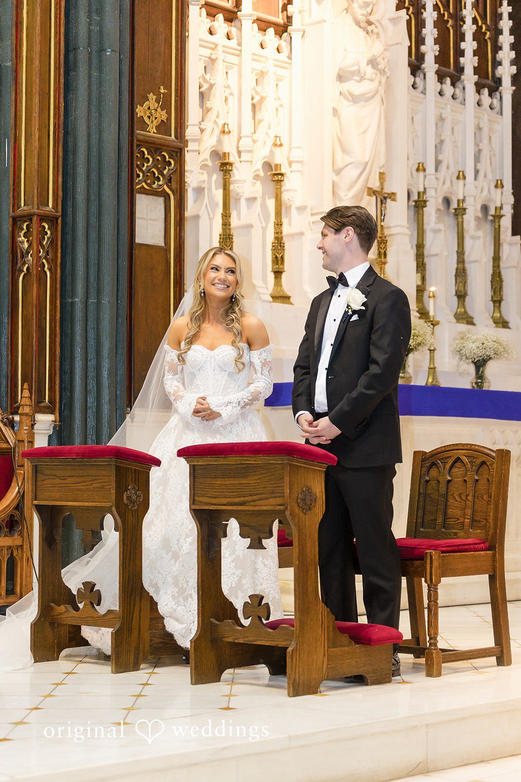 Joyful moment for the couple at their church wedding ceremony