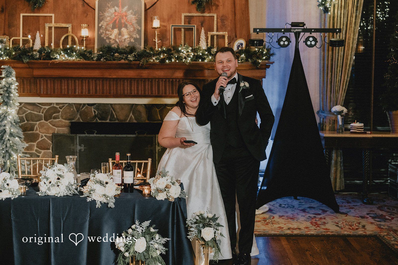 Bride and groom giving a speech during the reception