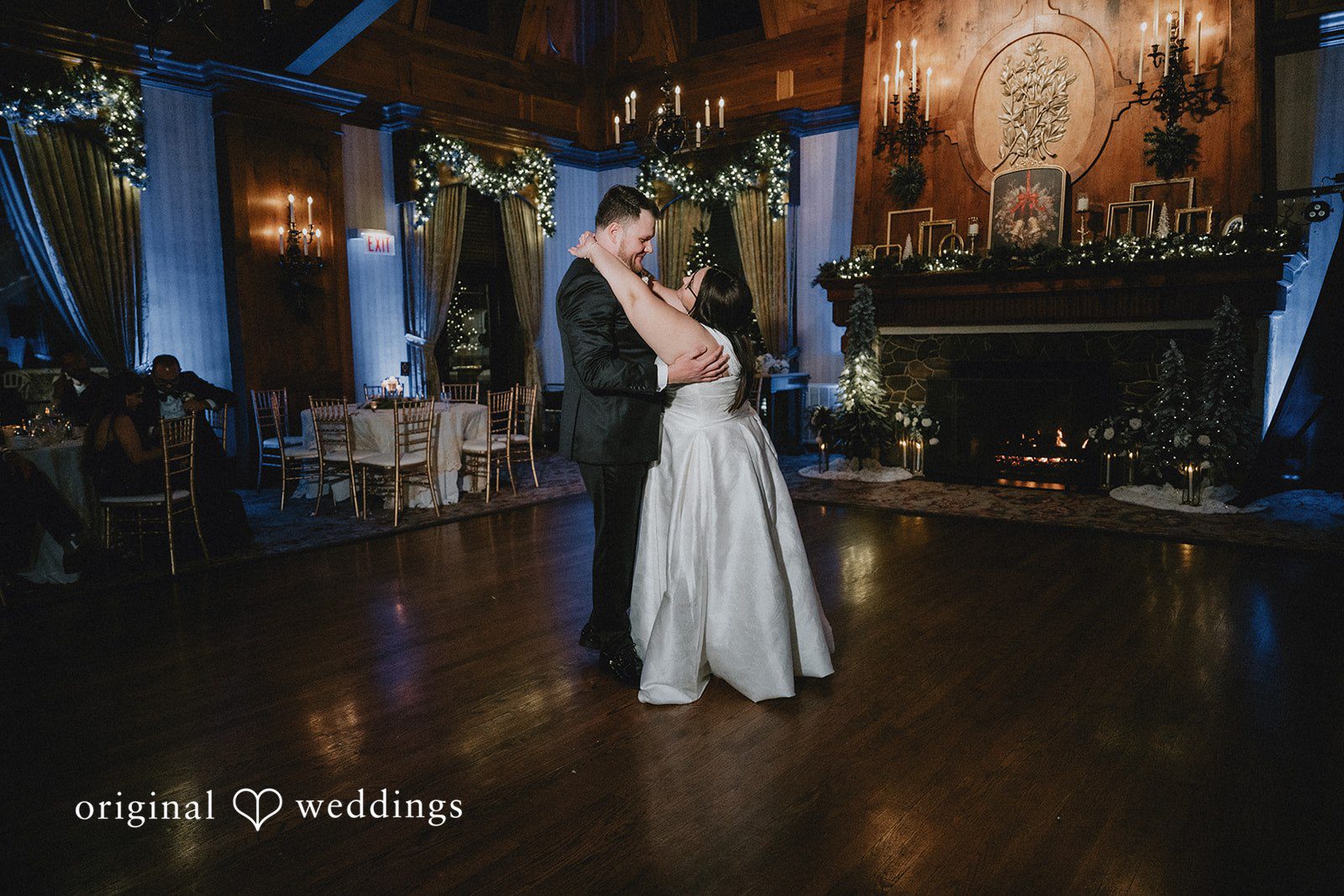 Bride and groom dancing together during the reception party