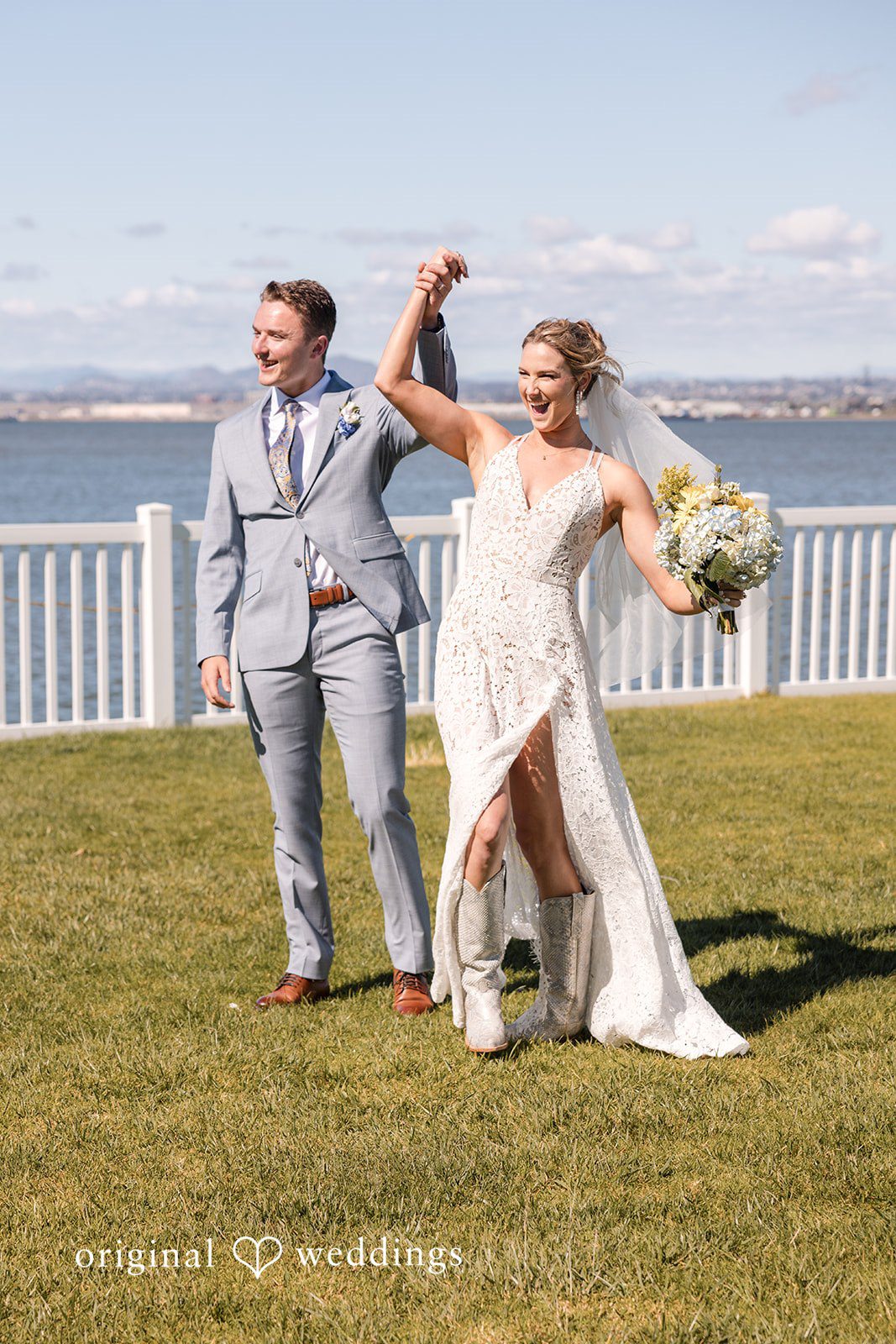 Newlyweds celebrating after ceremony at Colorado Cays Yacht Club