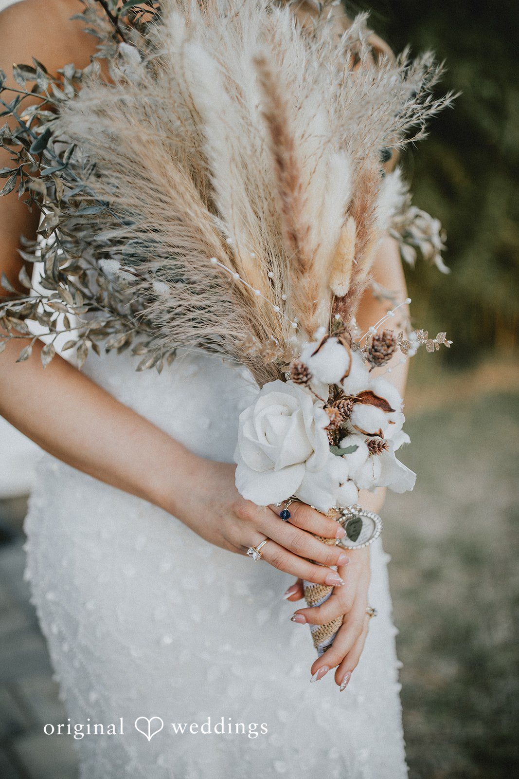 Catalyna + Nik Bridal bouquet and wedding ring detail shot