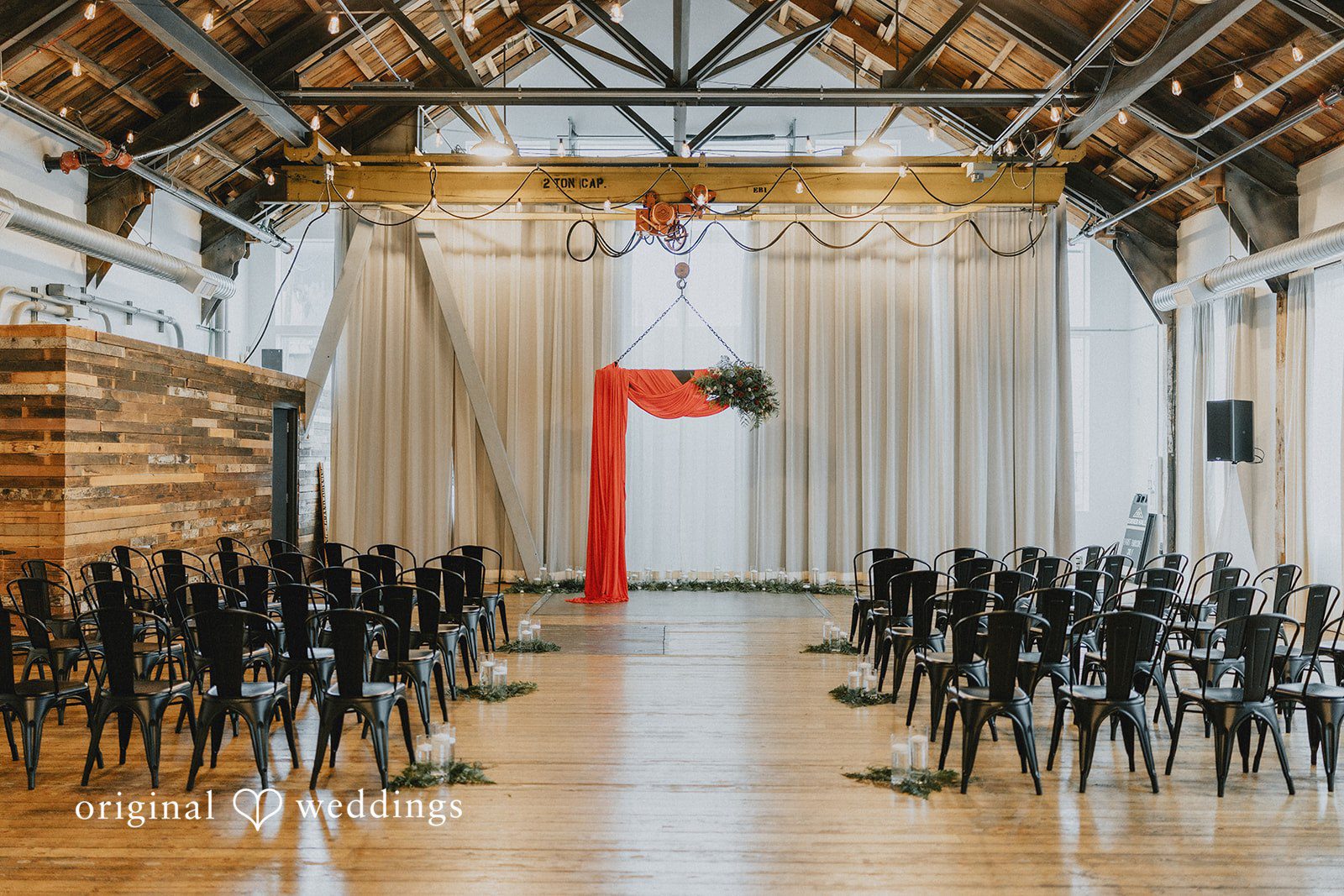 Stefani + Andrew Elegant wedding ceremony setup at Ederer Hall captured by Seattle wedding photographers from Original Weddings