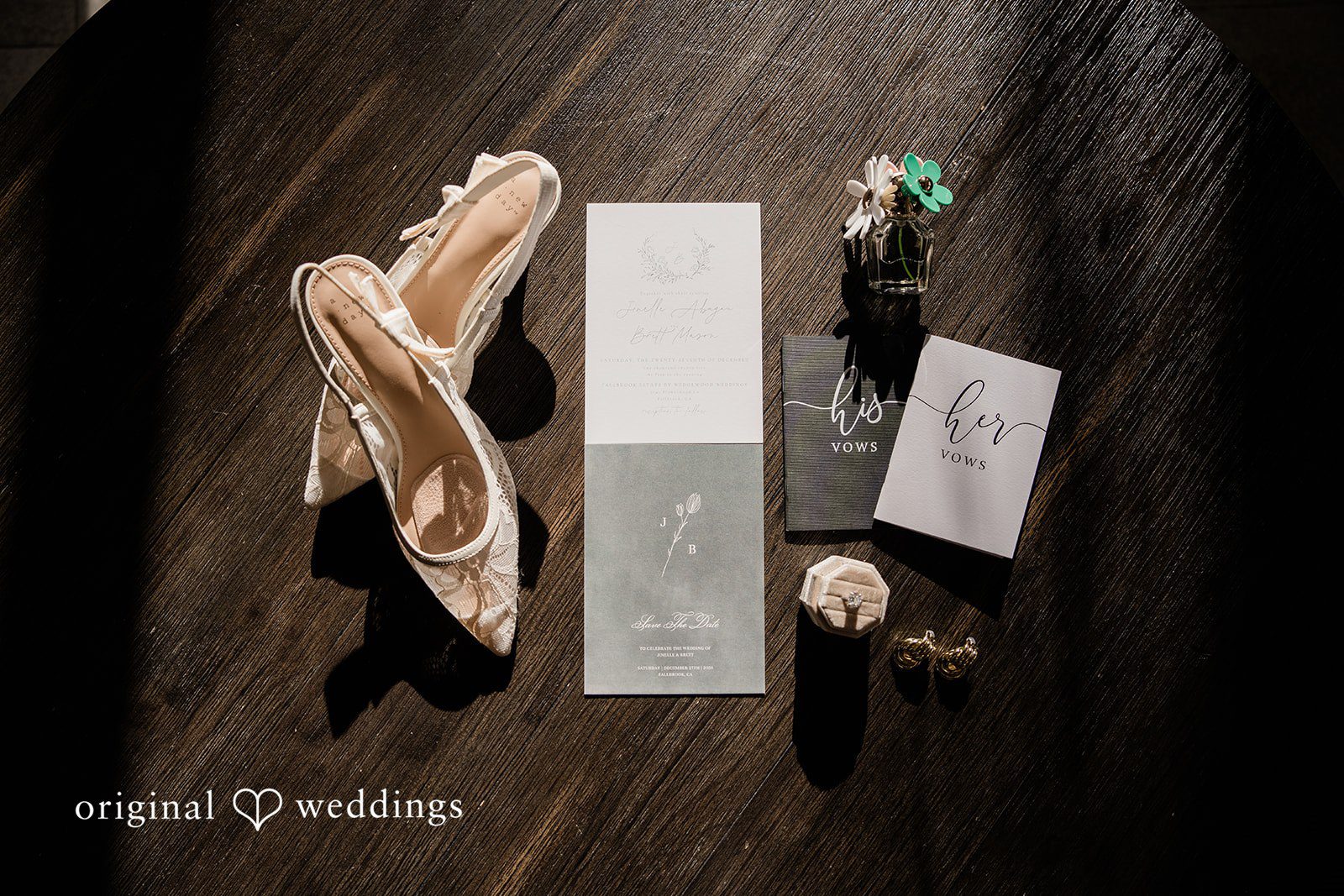 Jinelle + Brett Elegant bridal wedding shoes detail shot with luxury wedding styling at Fallbrook Estate