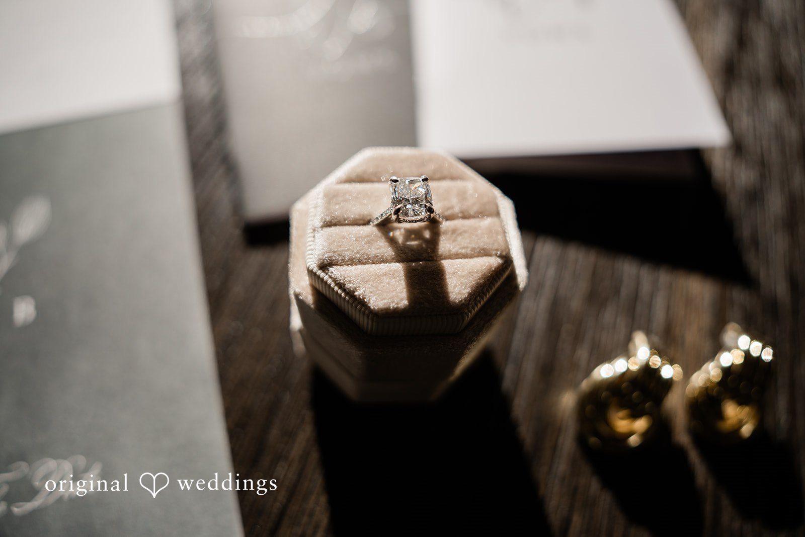 Jinelle + Brett Romantic ring detail shot with elegant wedding styling and soft natural light