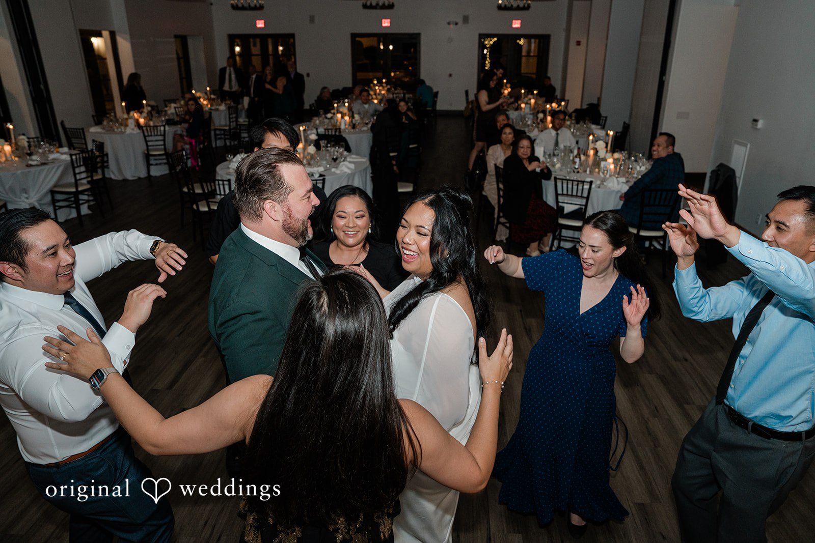 Jinelle + Brett Wedding guests enjoying elegant celebration and dancing together at Fallbrook Estate
