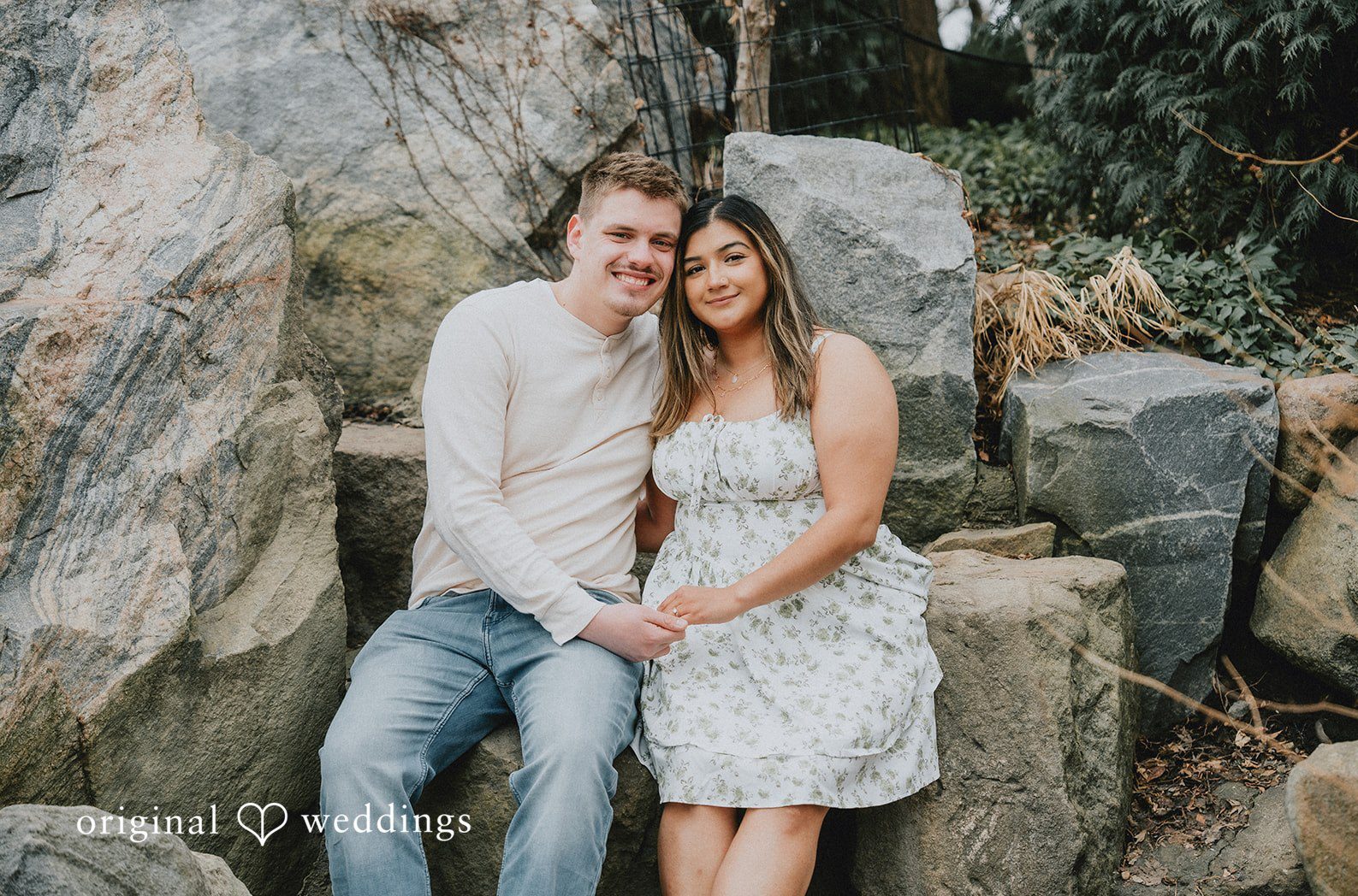 Engagement photography session by Original Weddings capturing close-up of couple at Garden of the Phoenix in Jackson Park .