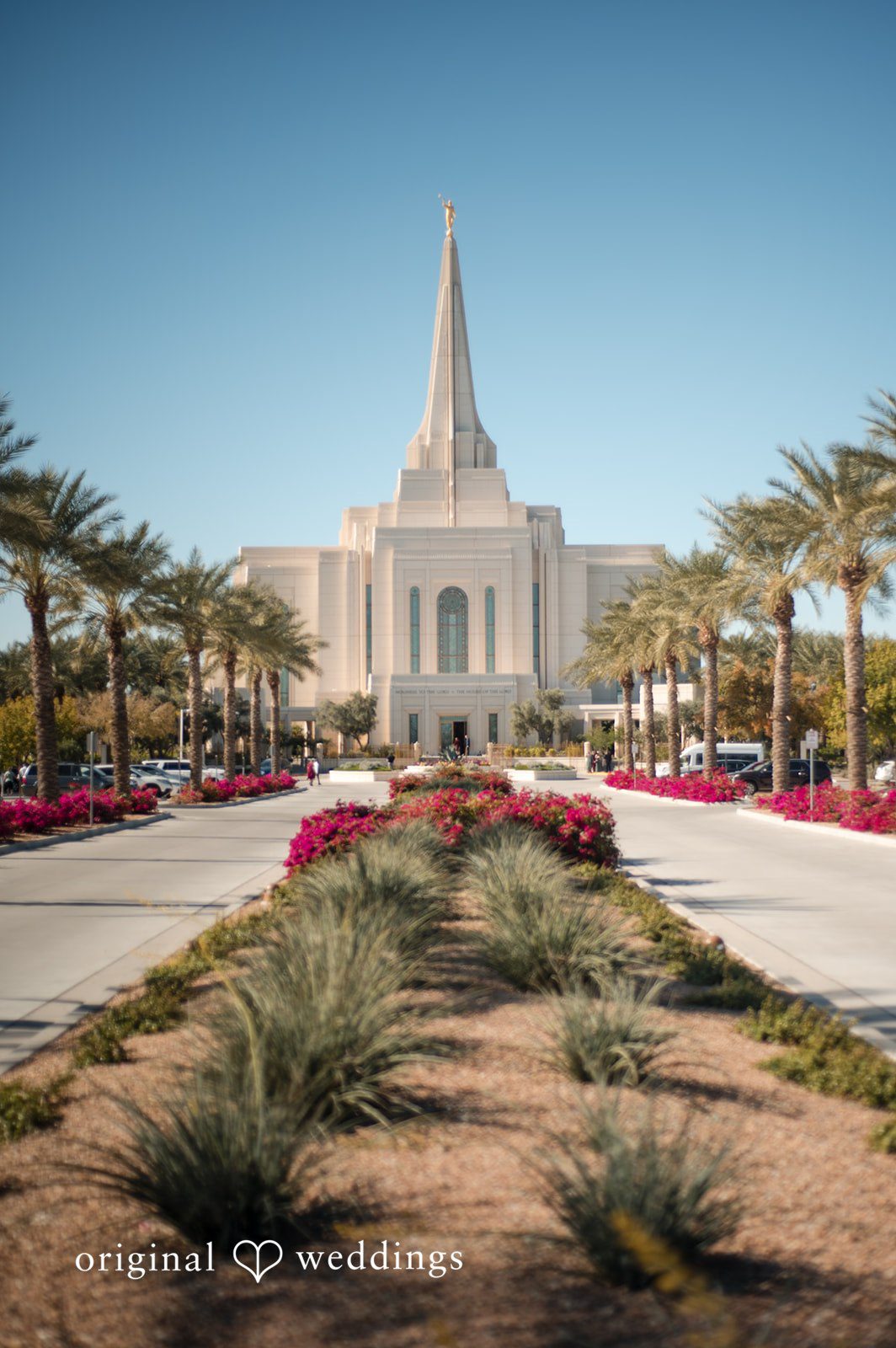 Exterior view of Gilbert LDS Temple before the wedding ceremony