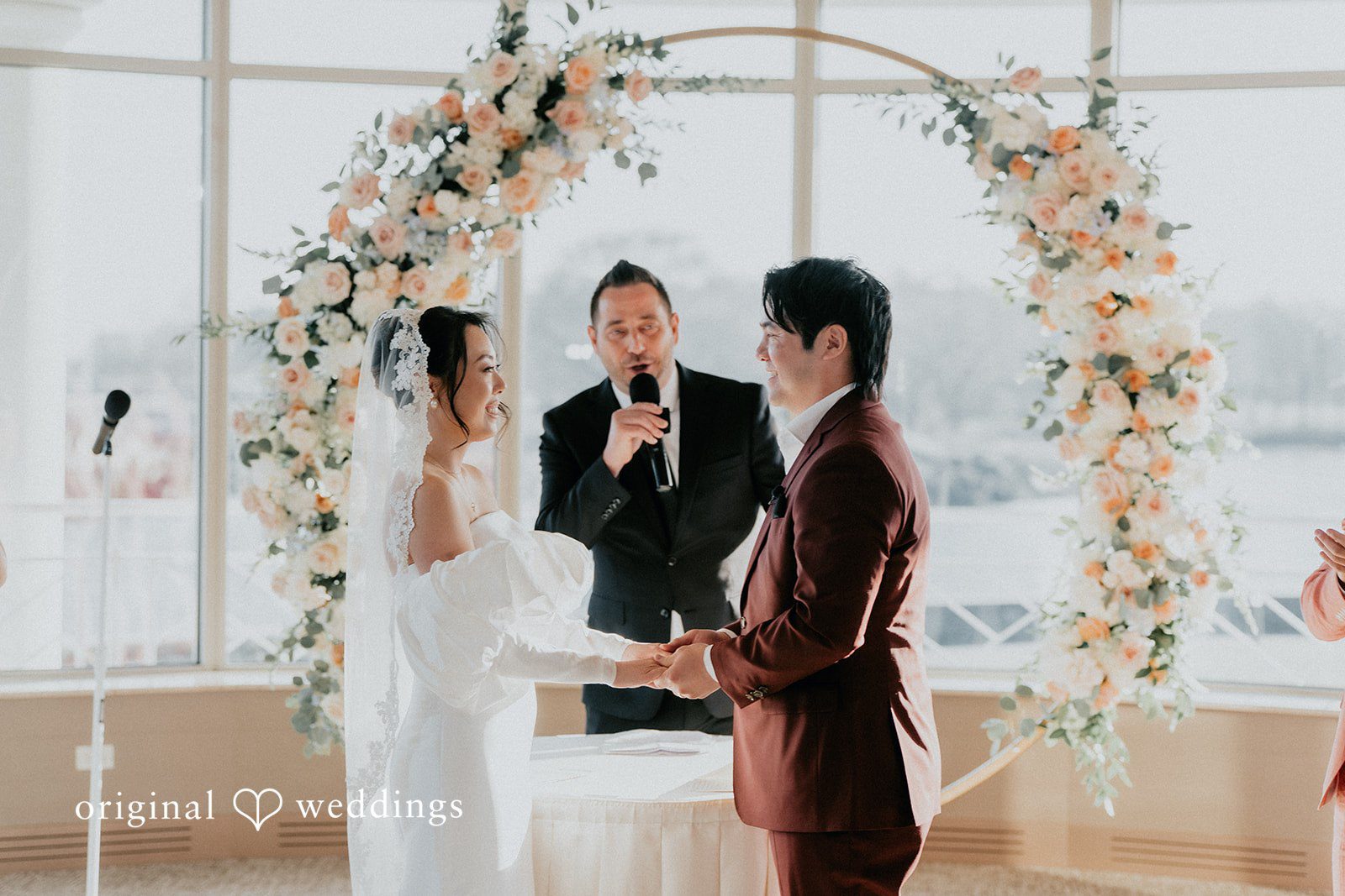 The bride and groom are joined together