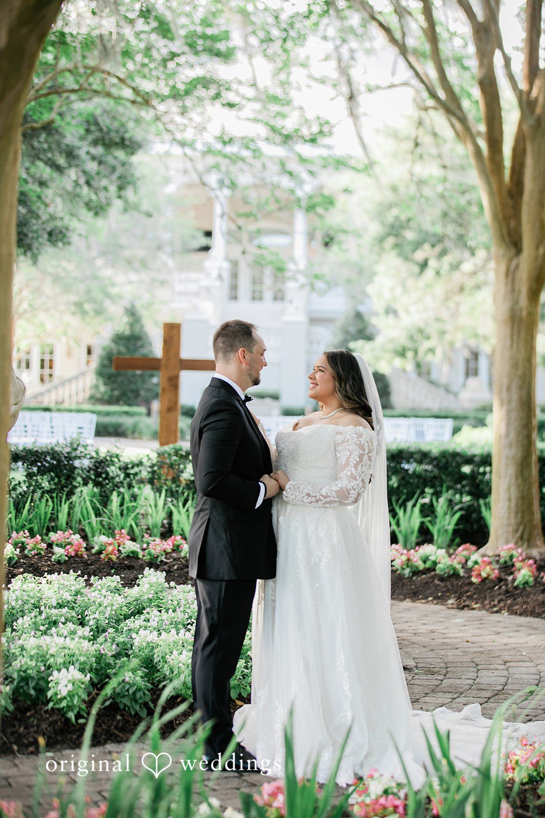 A romantic portrait of the couple exposing the beauty of the wedding venue