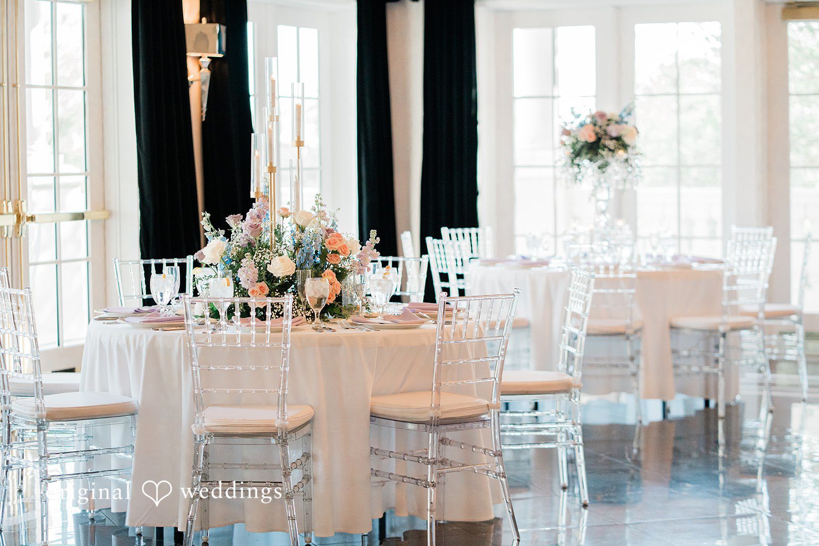 Beautifully decorated tables at the wedding reception