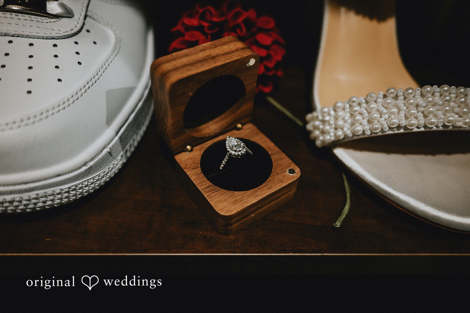 A stylish detail shot of the diamond wedding ring
