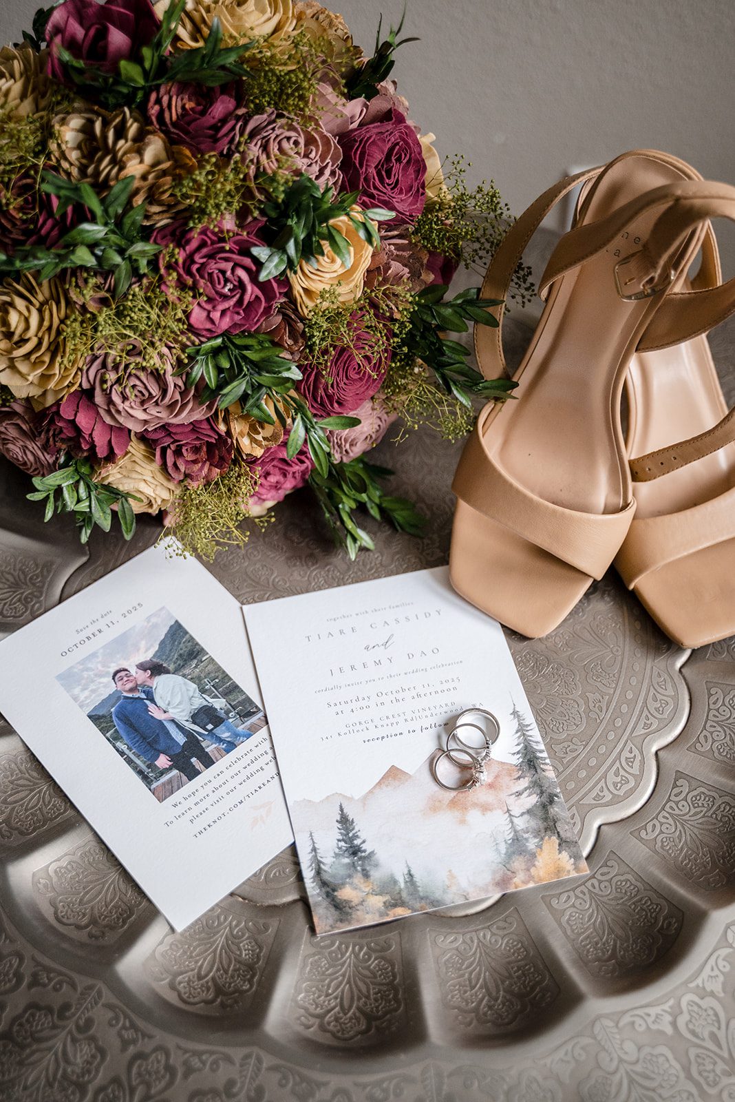 Tiare + Jeremy Elegant wedding invitation suite with bridal shoes and bouquet details