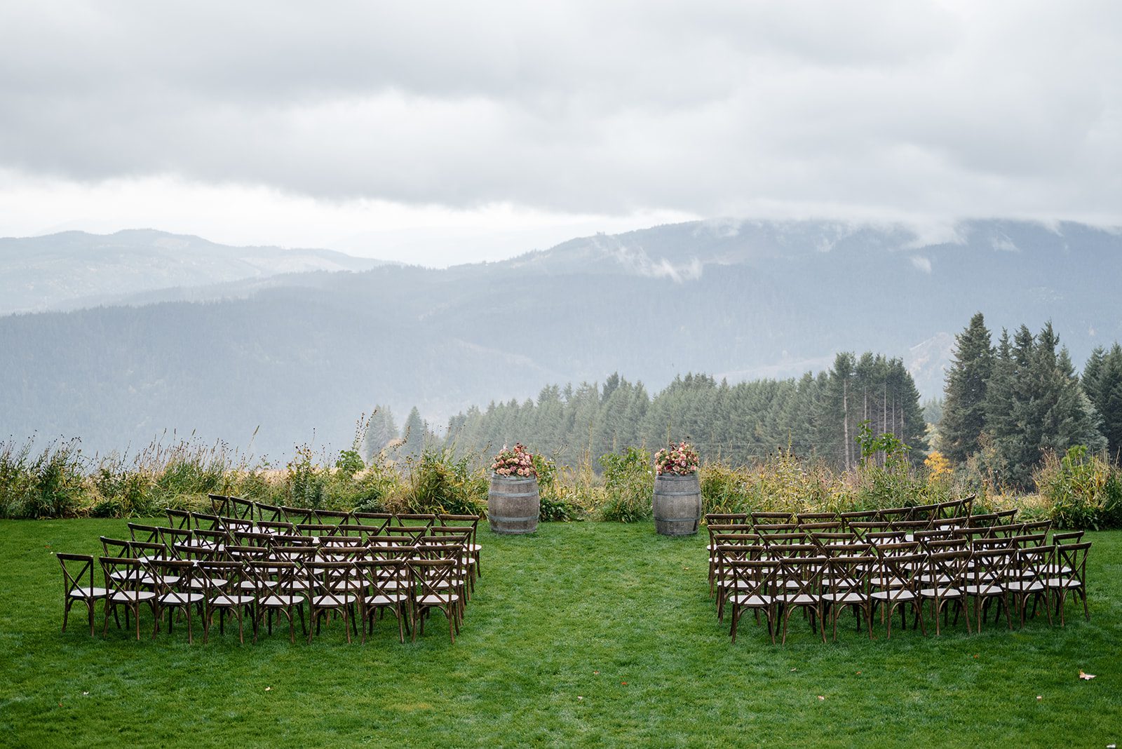 Tiare + Jeremy Romantic wedding ceremony setup at Gorge Crest Vineyards