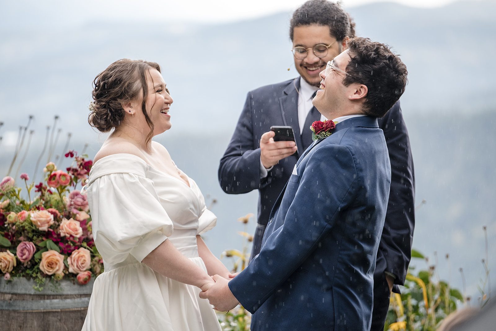 Tiare + Jeremy Bride and groom sharing laughter during heartfelt wedding ceremony