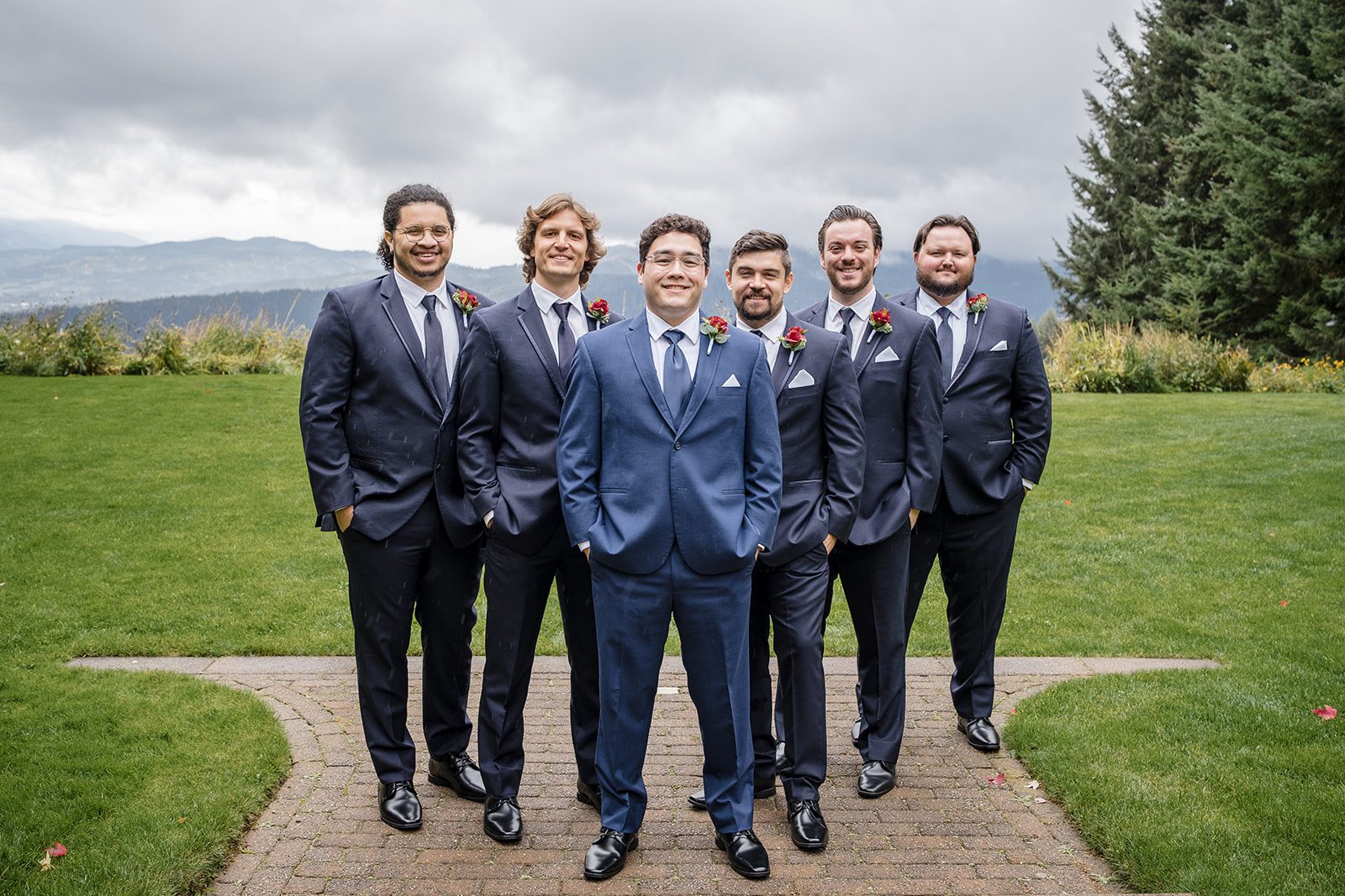 Tiare + Jeremy Groomsmen posing together before wedding ceremony at Gorge Crest Vineyards