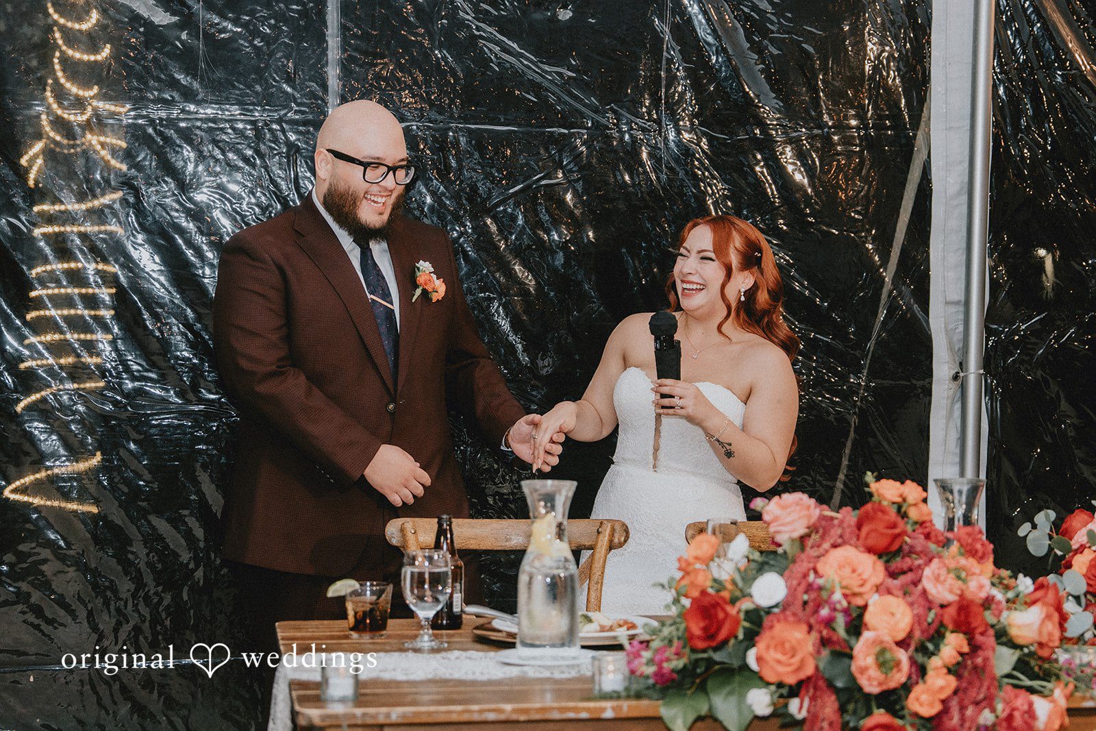 Groom and bride expressing their joy during reception