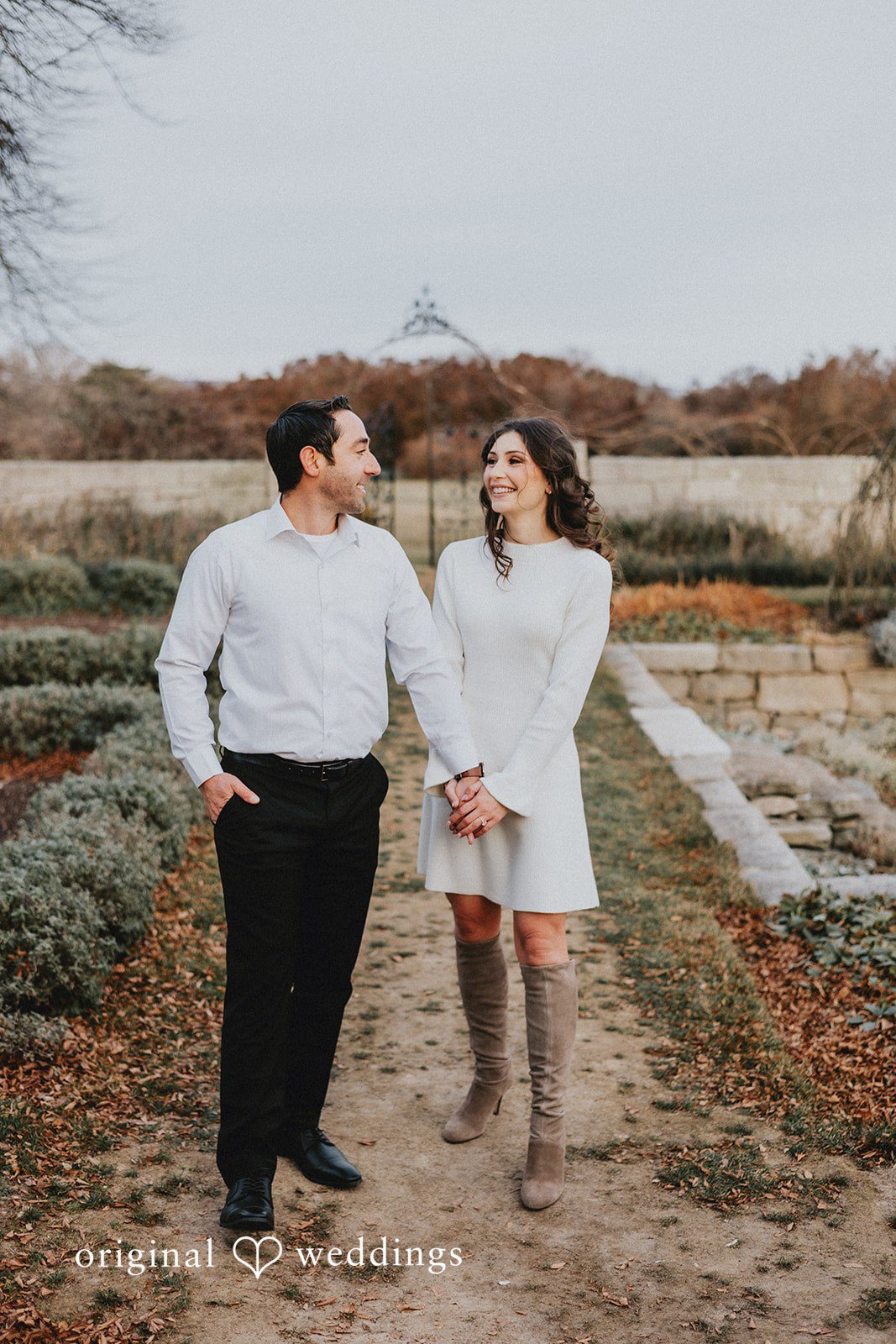 The couple takes a walk through the outdoor area