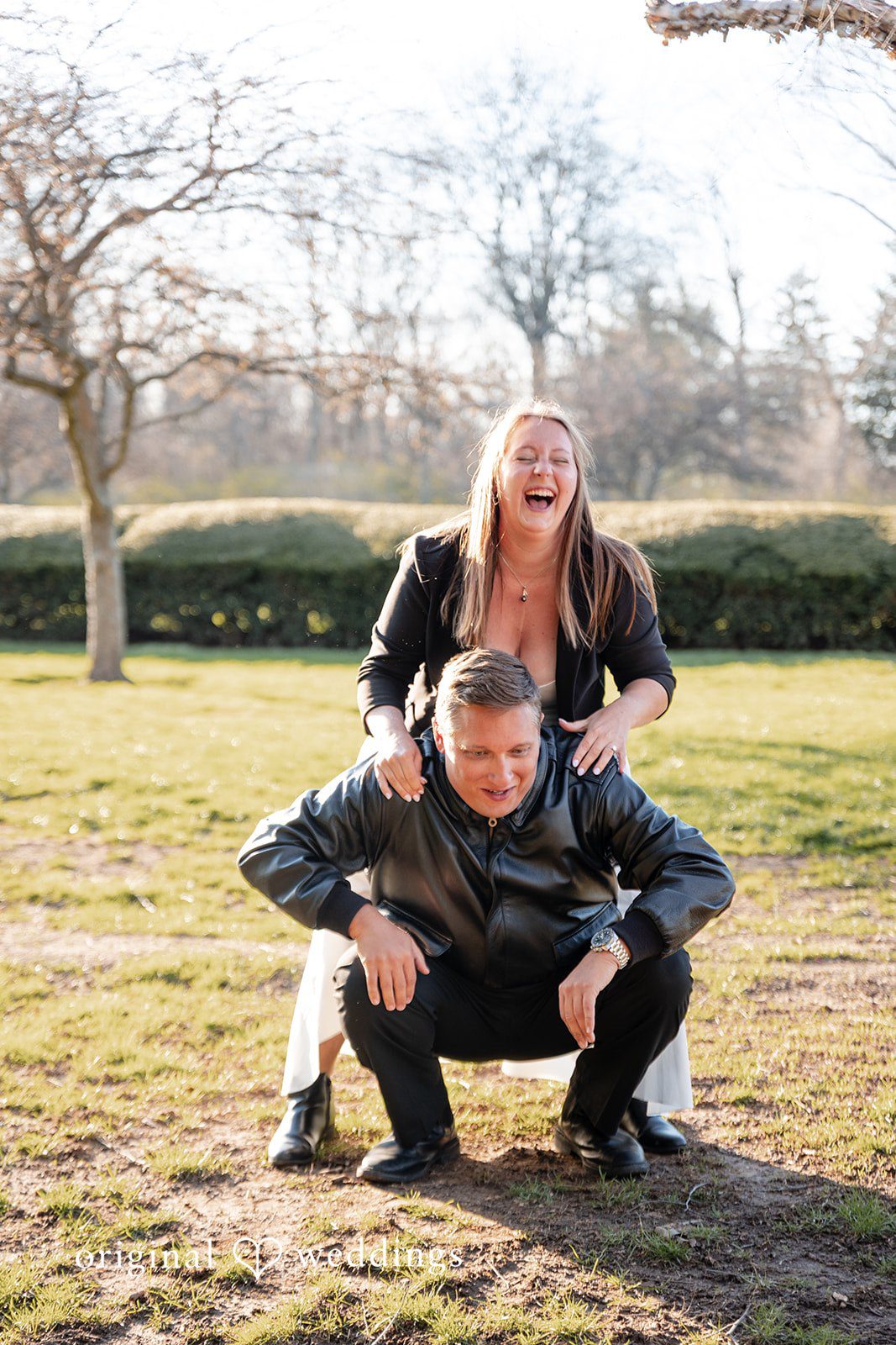 Fun moment of couple during engagement session