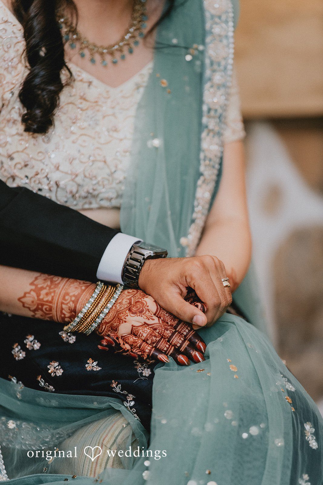 Chandrakant + Sumbul Close-up of the couple’s wedding rings on their hands