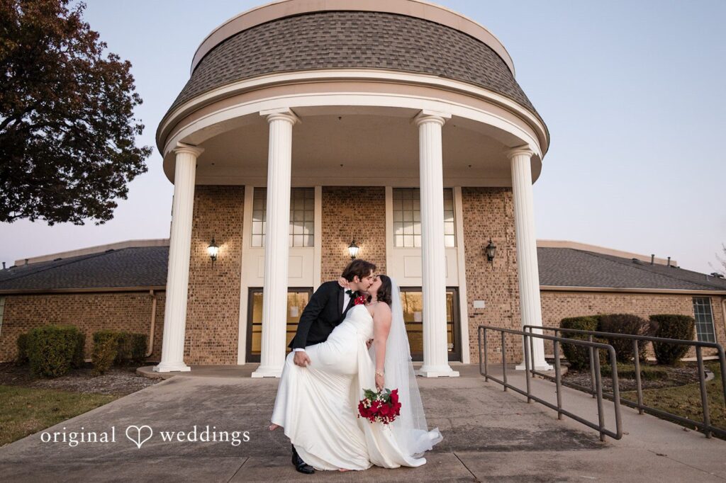 Our Dallas wedding photographers captured at Original Weddings captured a romantic portrait of the couple in front of the Keller Church of Christ