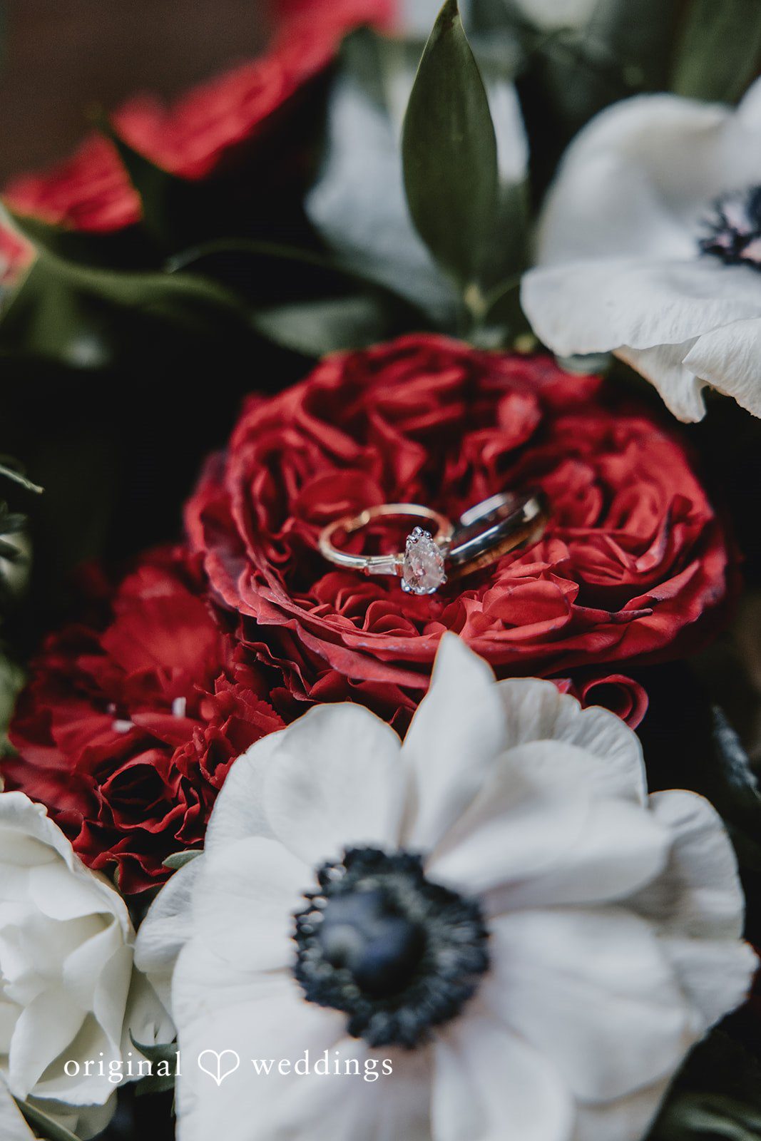 A stylish detail shot of the wedding bouquet and wedding rings
