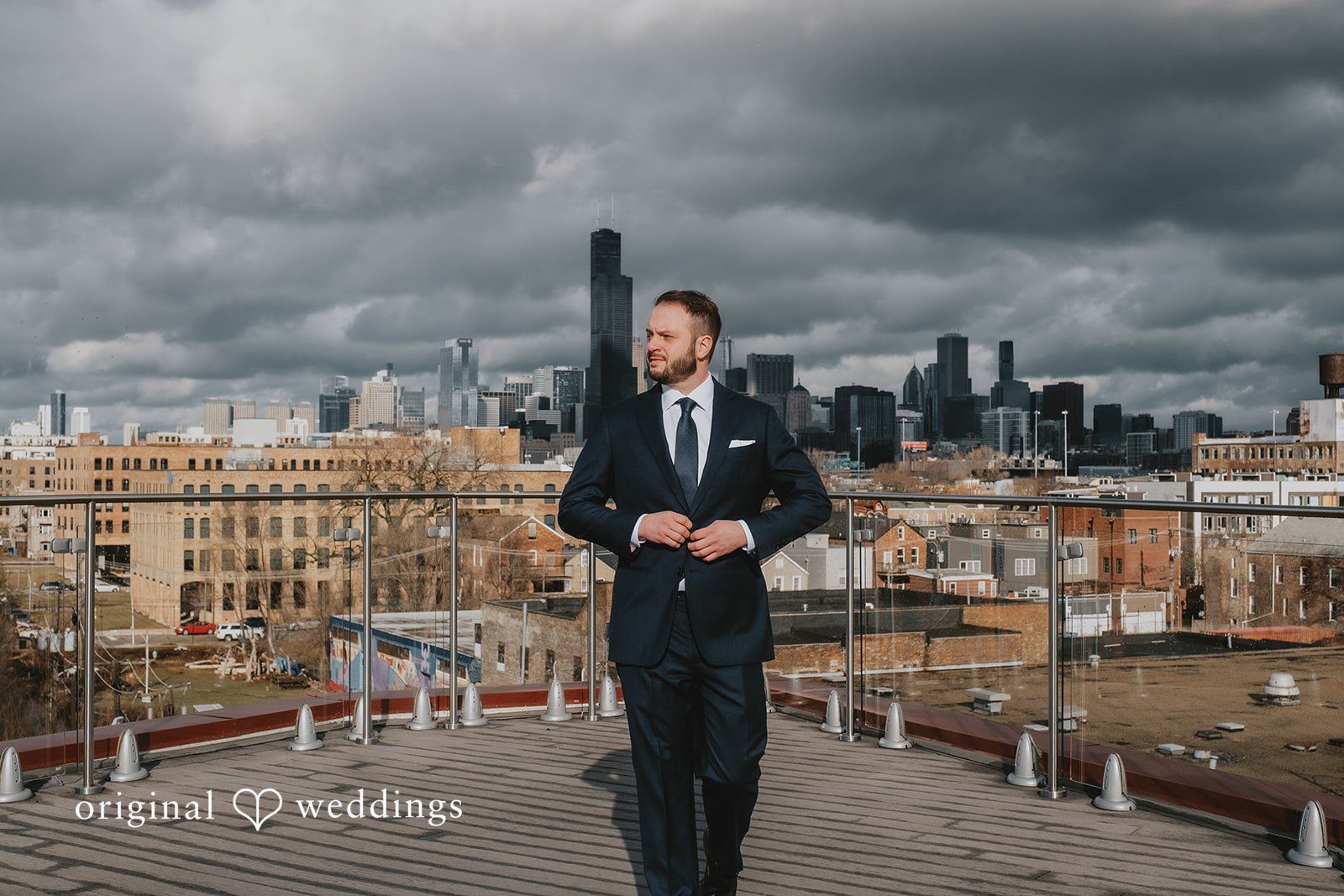 Our Chicago wedding photographers captured a stunning portrait of the groom at the rooftop of Lacuna Lofts