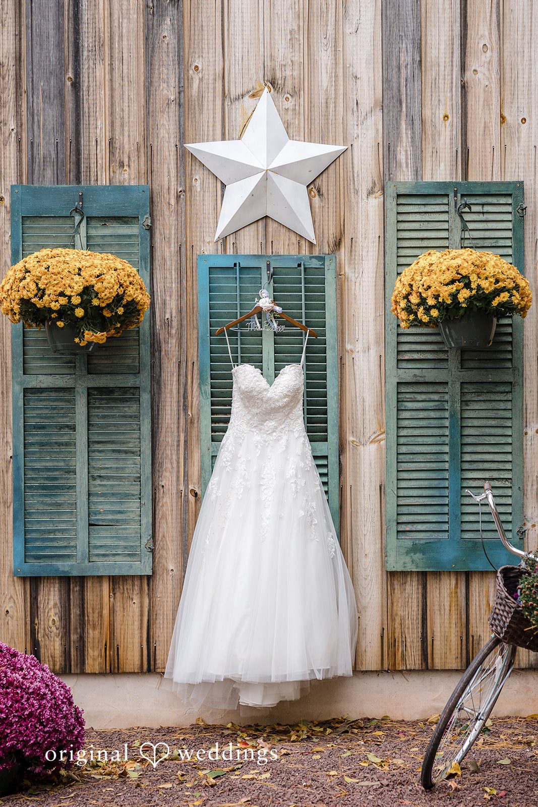 April + Joseph Beautiful wedding dress portrait with rustic barn details