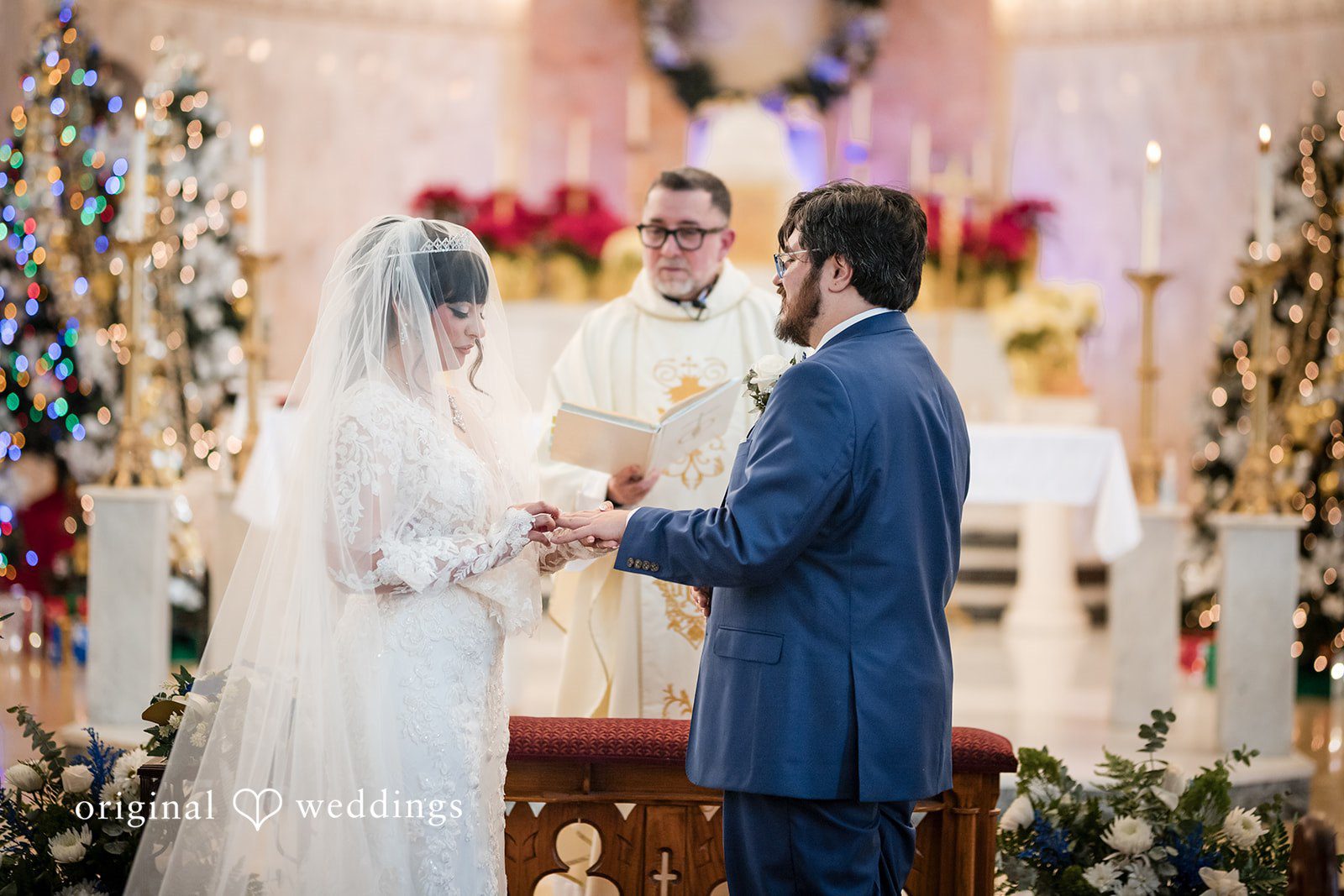 Bride and groom exchanging wedding rings during ceremony