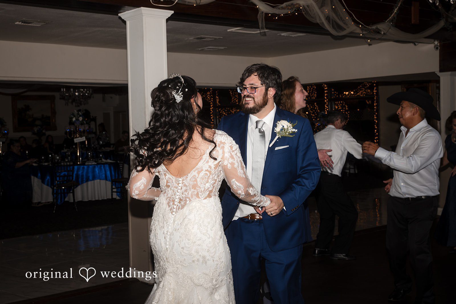 Fun moments of bride and groom at wedding reception