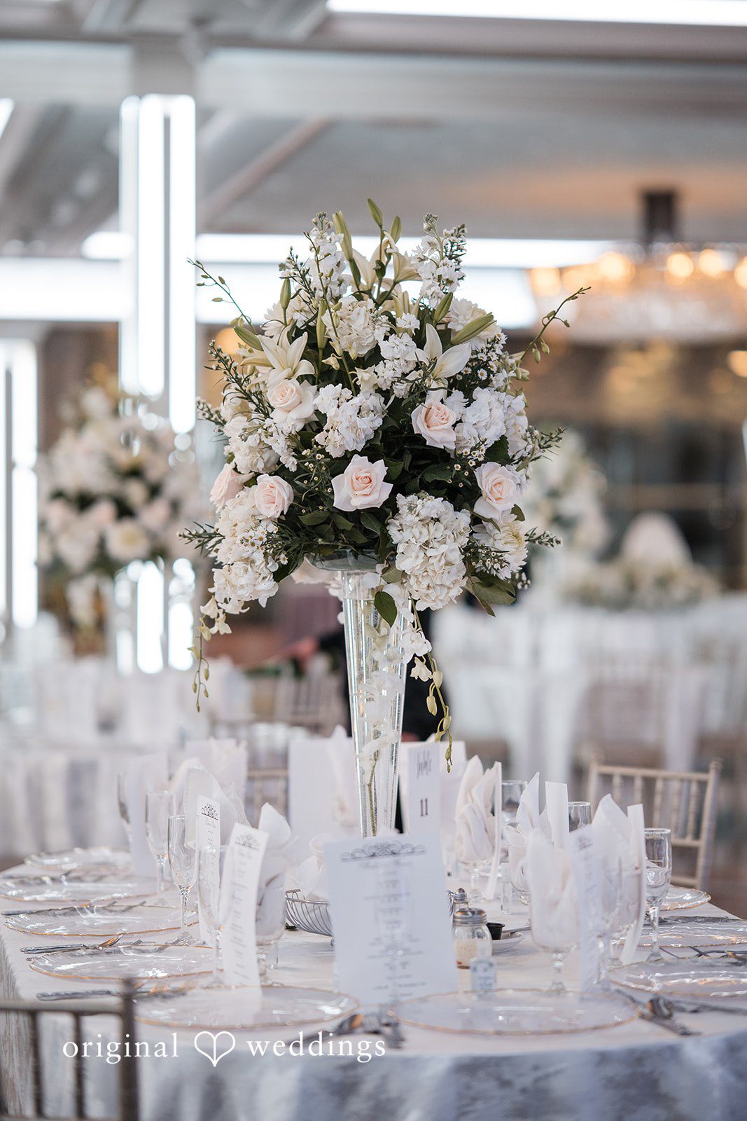 Beautiful flower decoration on wedding table at Marina Del Rey