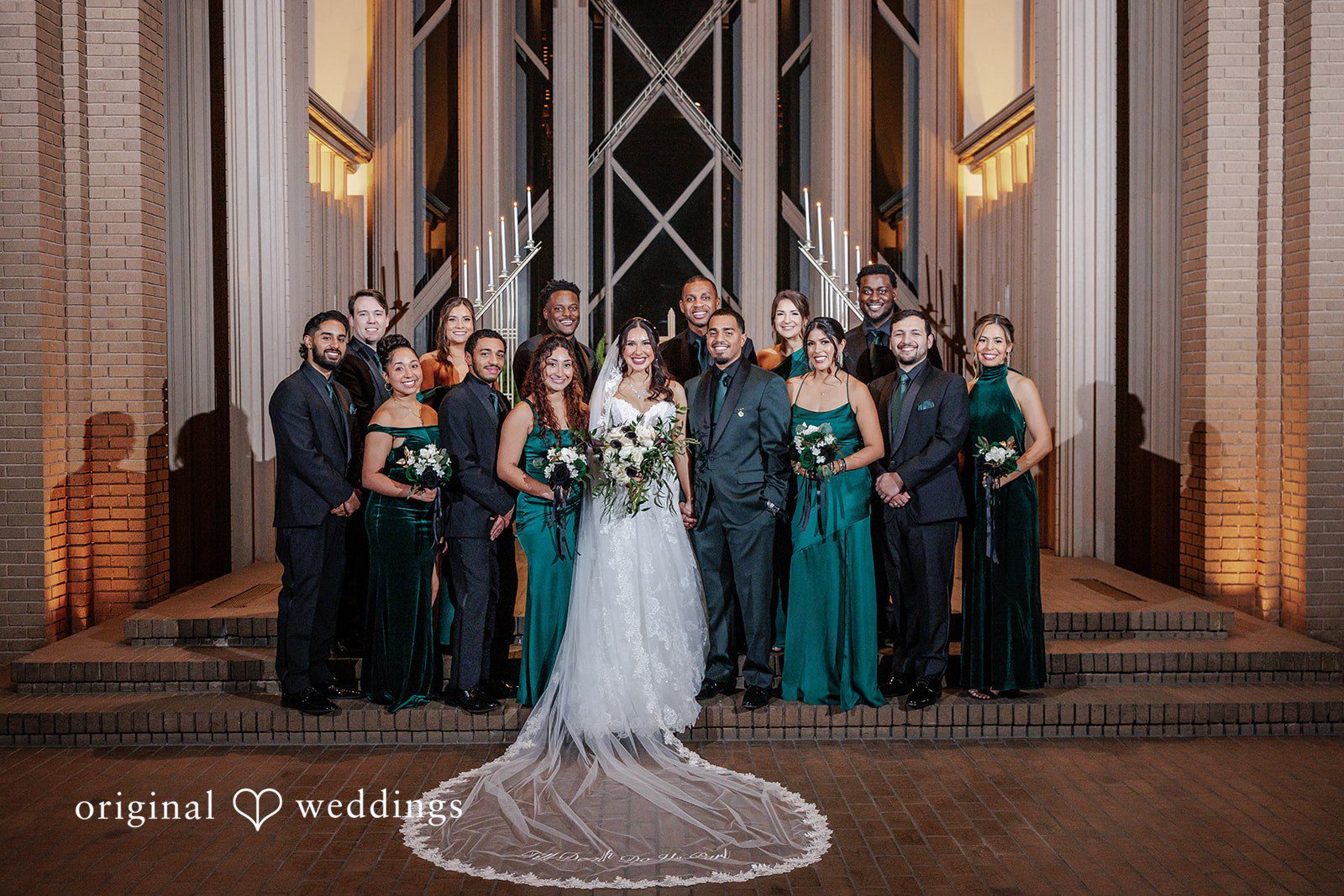 Cassandra + Benjamin Our Dallas wedding photographers at Original Weddings captured a stunning portrait of the couple and their bridal party at the Marty Leonard Community Chapel