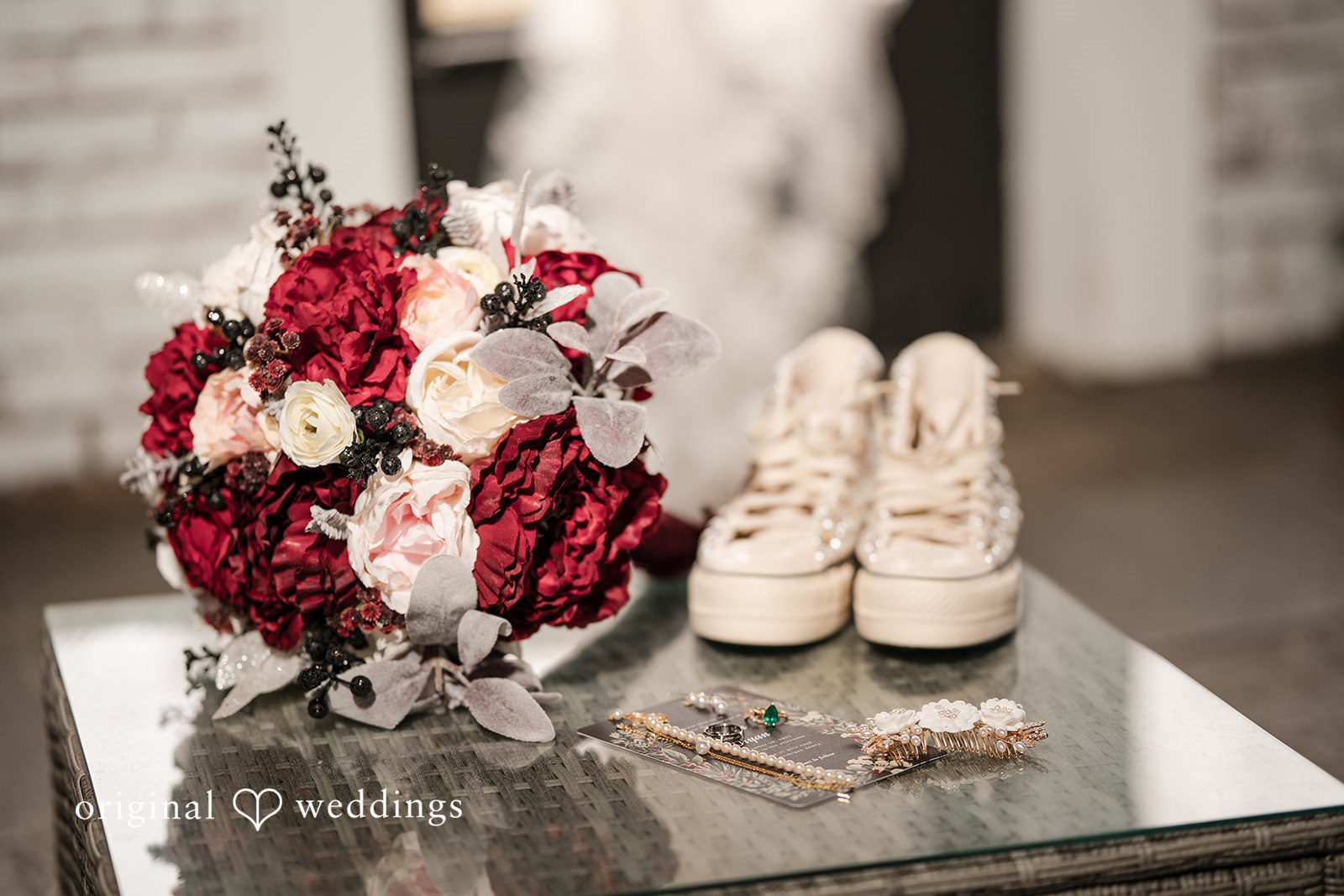 Logan + Bryan Beautiful bridal bouquet with wedding shoes and accessories detail