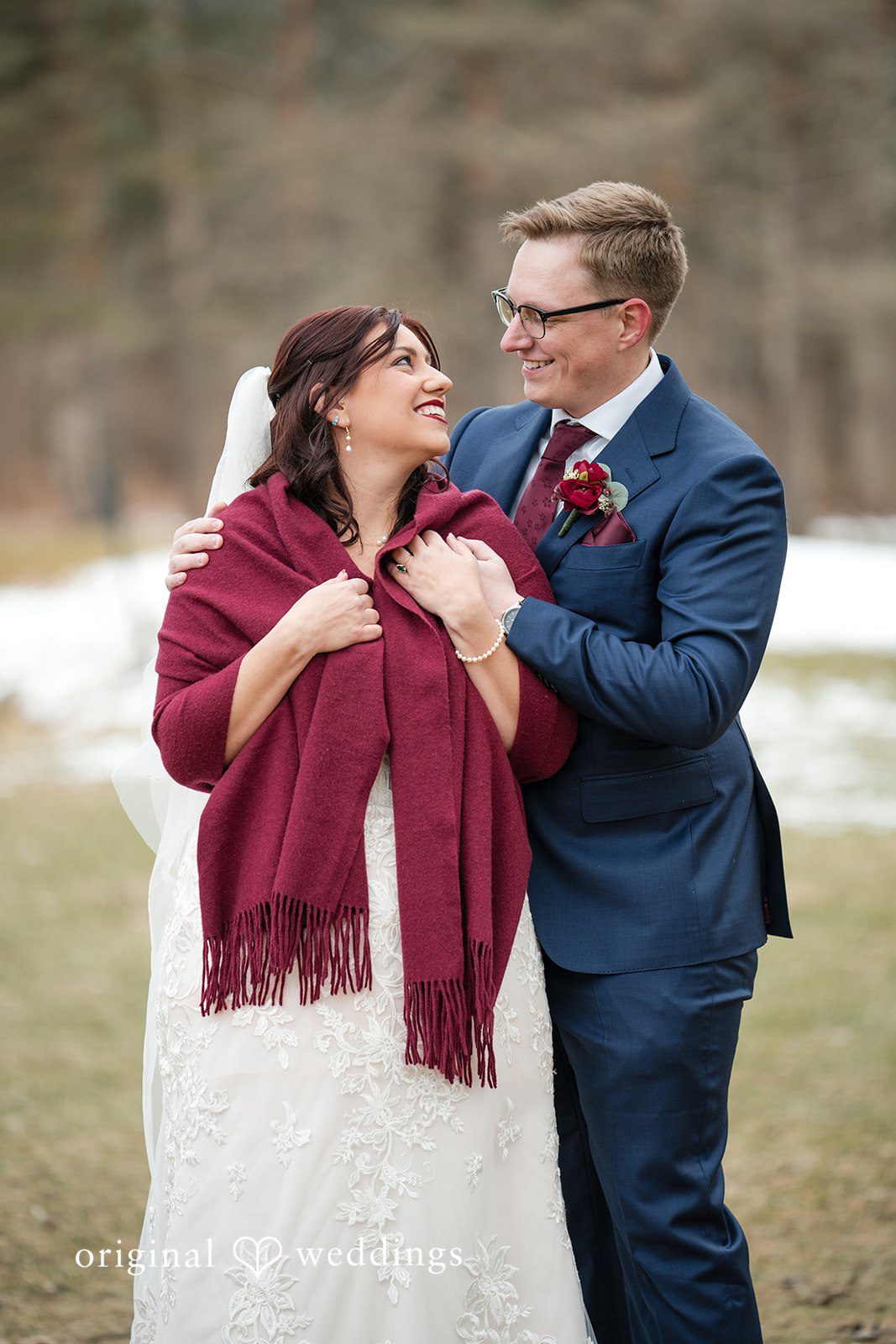 Logan + Bryan Elegant newlywed portrait photographed at Michigan Backyard