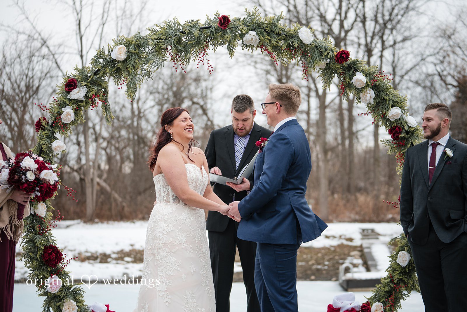 Logan + Bryan Emotional wedding ceremony moment at Michigan Backyard captured by Detroit Wedding Photographers
