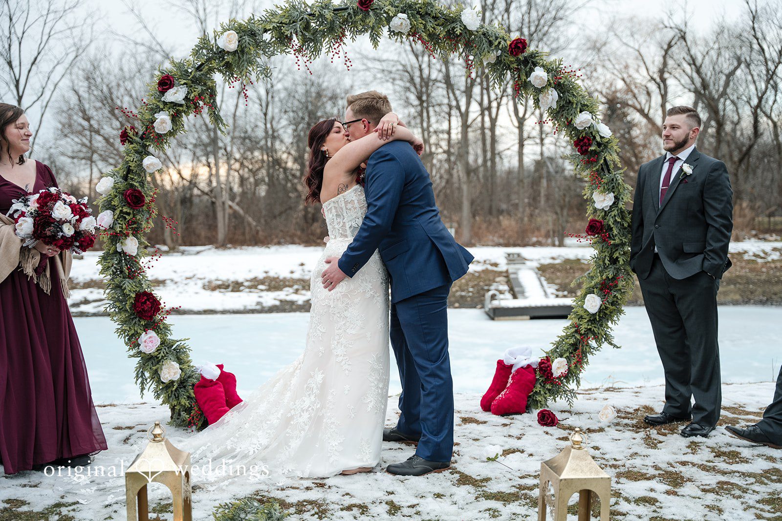 Logan + Bryan Romantic first kiss after wedding ceremony at Michigan Backyard venue