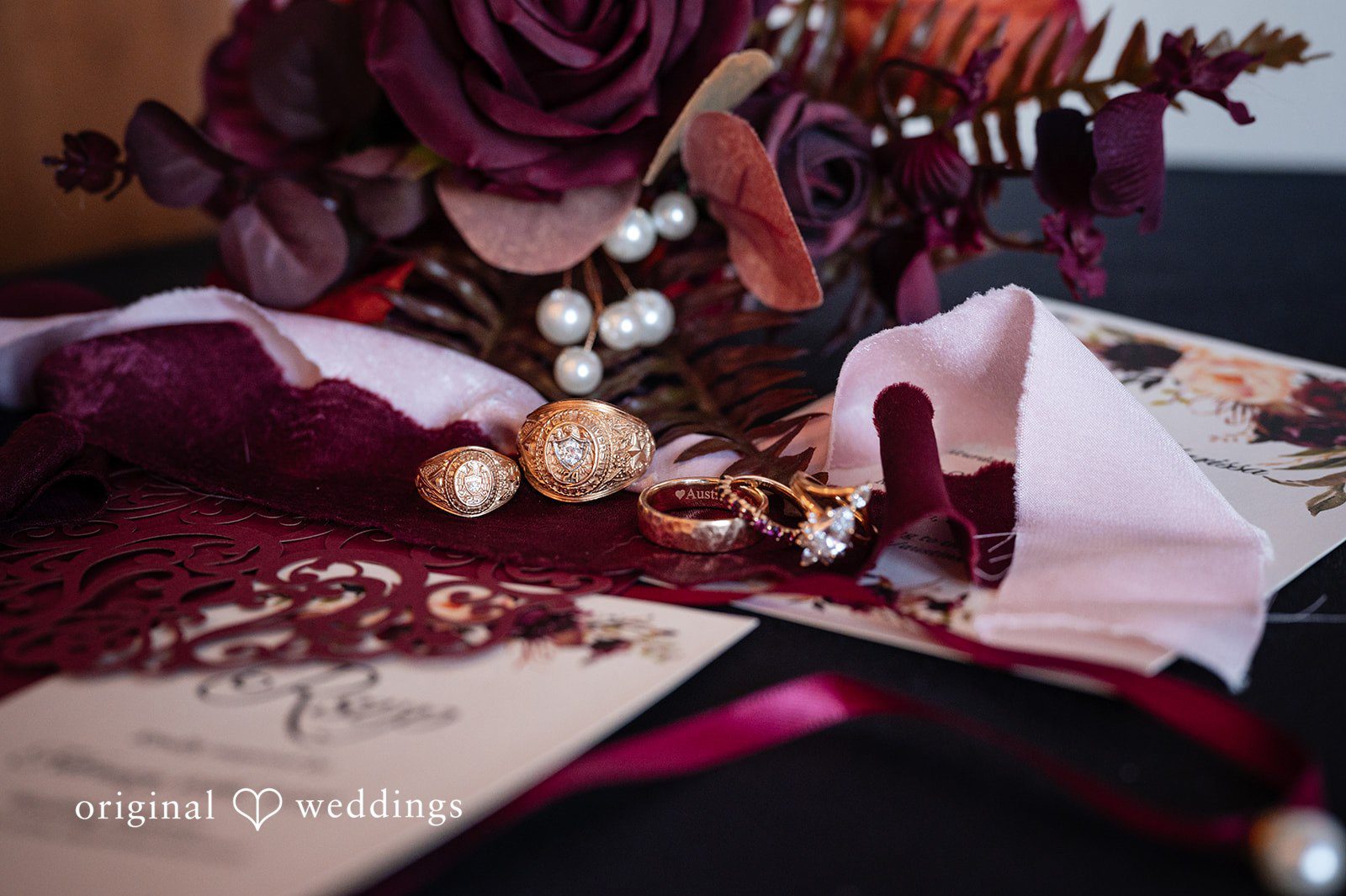 A detail shot of the florals and wedding rings