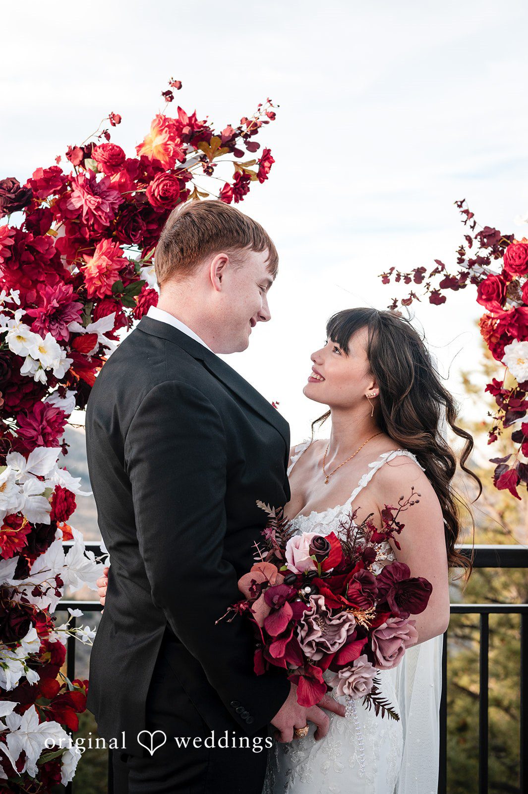 The couple takes a romantic portrait