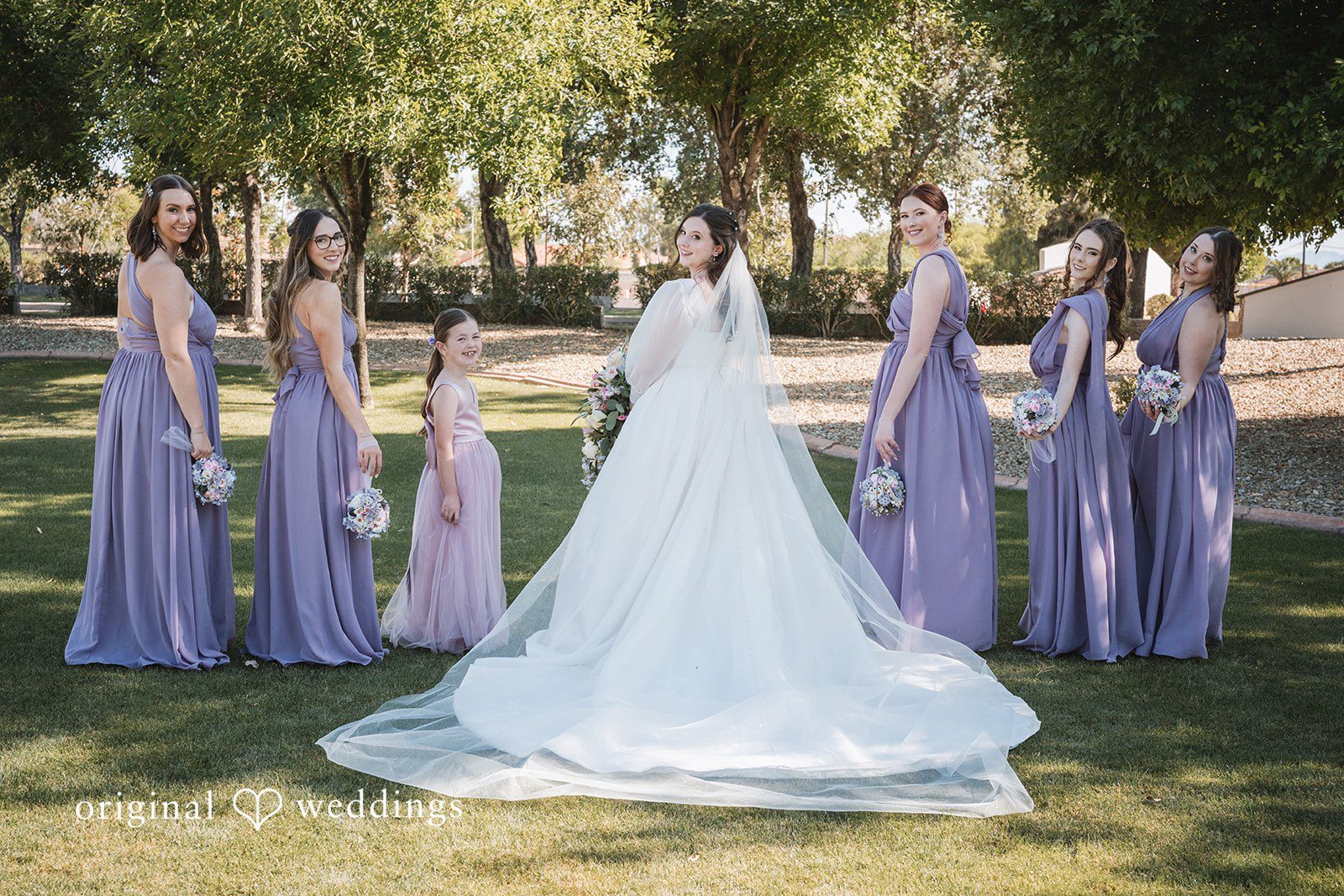 A portrait of the bride and her bridesmaids