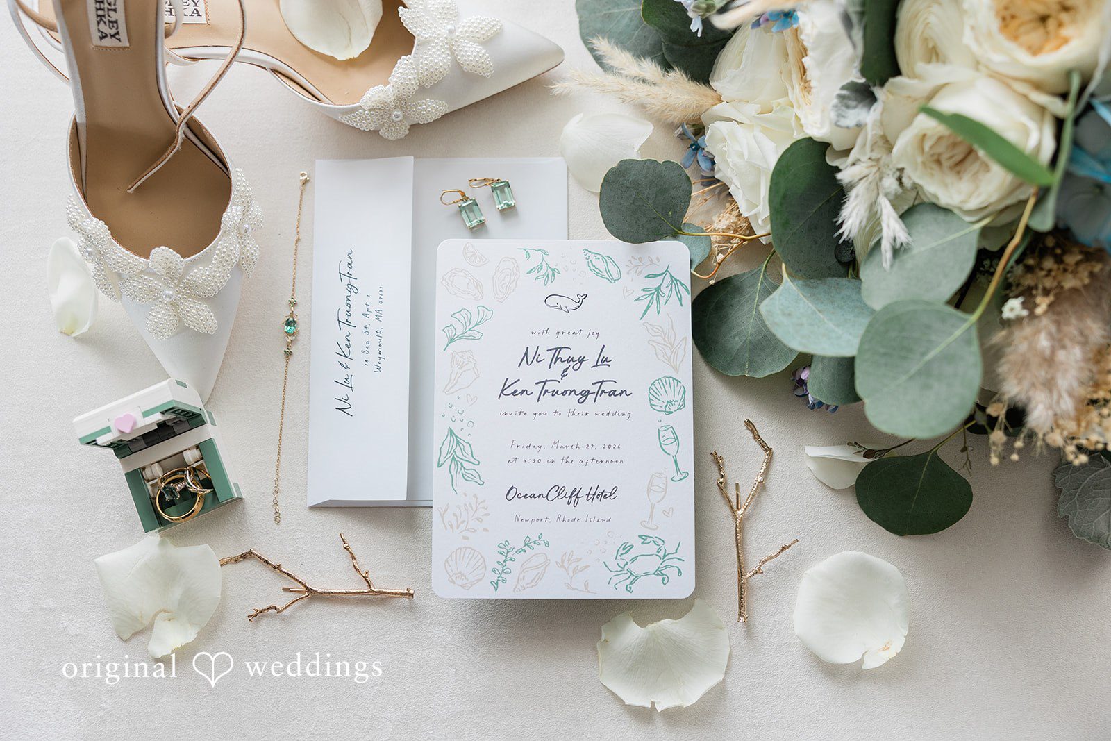 A detail shot of the bride’s shoes, bouquet, rings, wedding IV