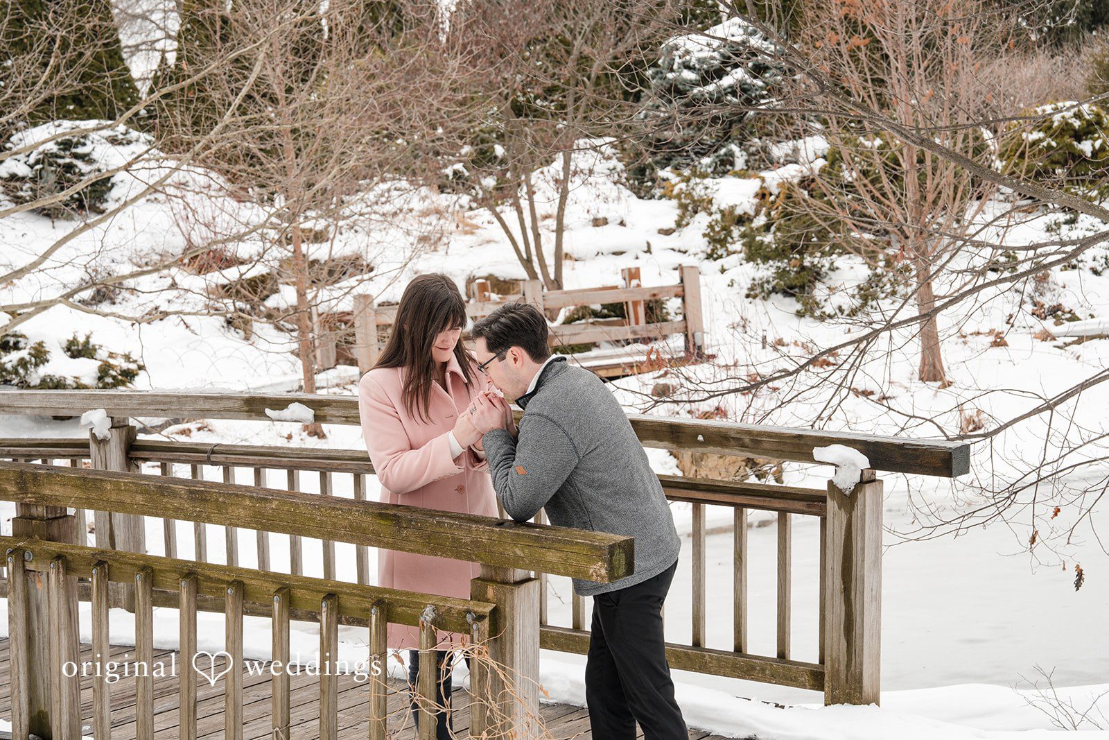 Romantic moment with the groom gently kissing the bride’s hand on a bridge at Olbrich Gardens